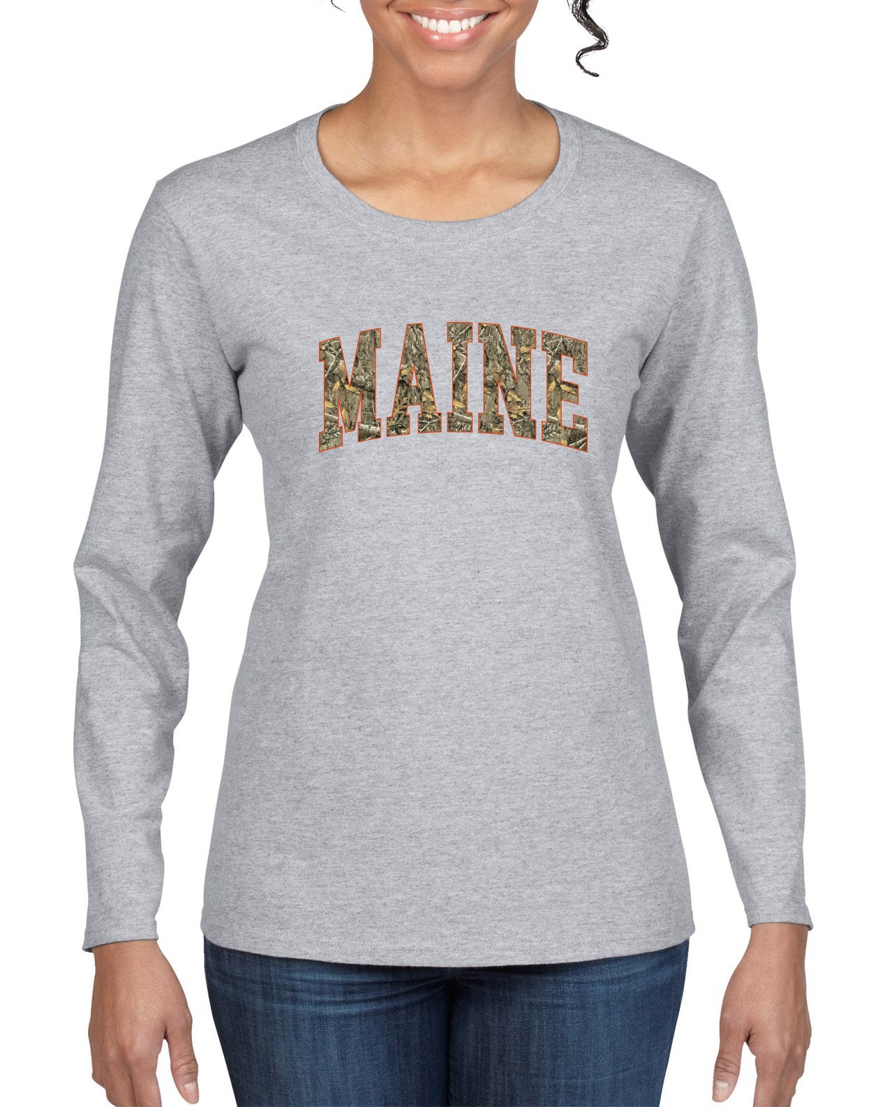 Maine  Camo Fill Orange Outline Sweater, Womens Graphic Long Sleeve T-Shirt