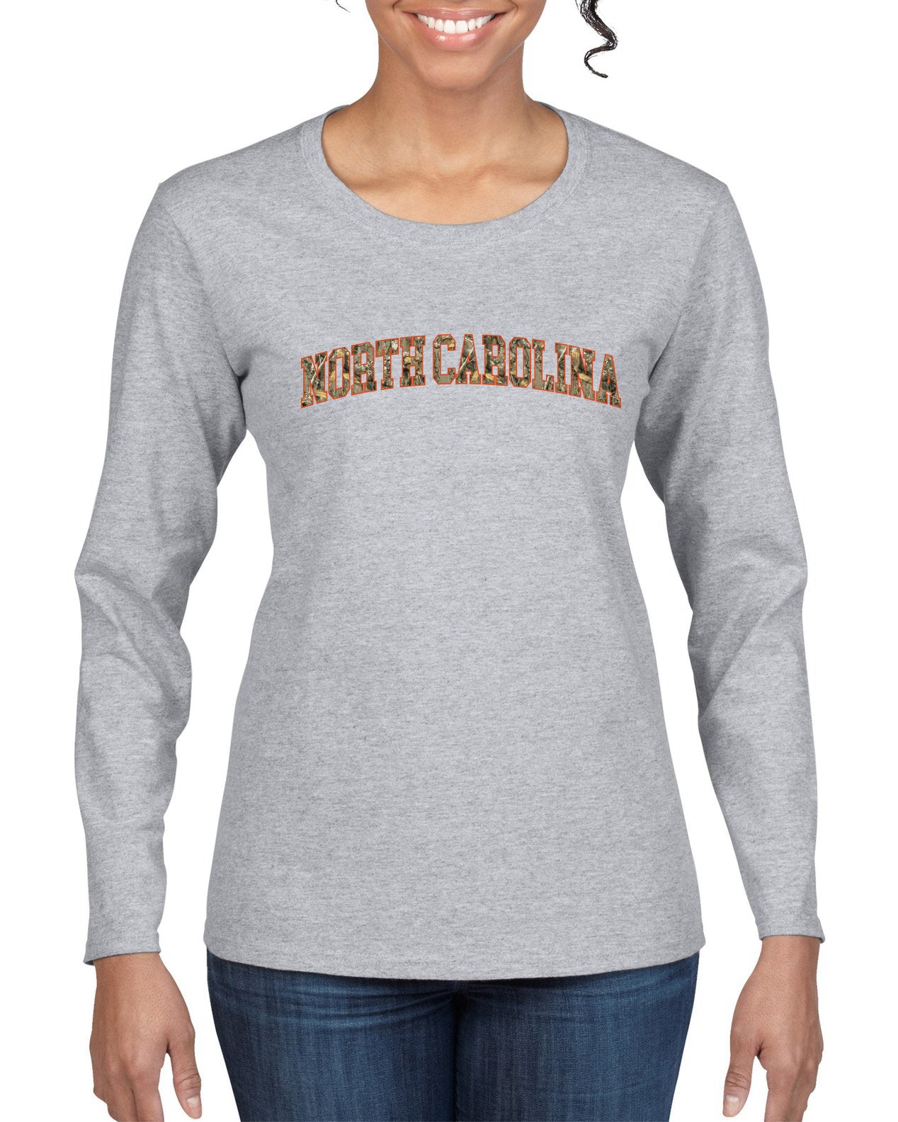 North Carolina  Camo Fill Orange Outline Sweater, Womens Graphic Long Sleeve T-Shirt