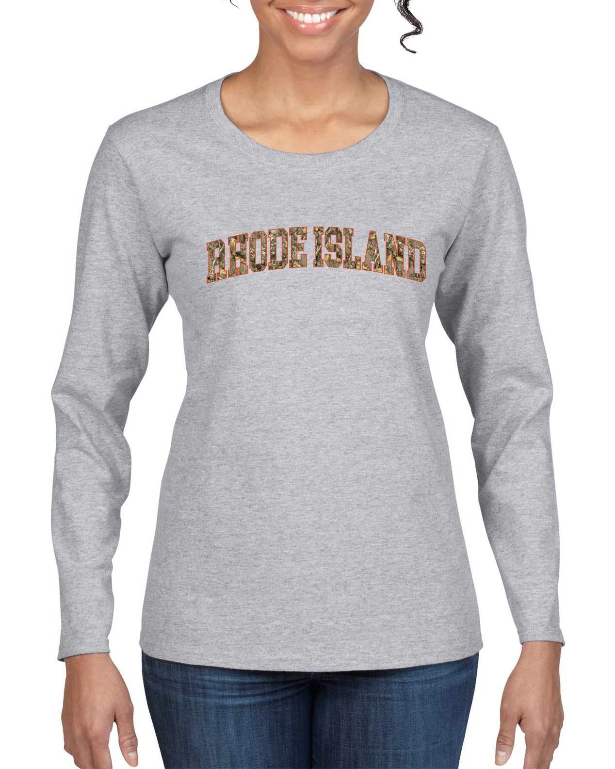 Rhode Island  Camo Fill Orange Outline Sweater, Womens Graphic Long Sleeve T-Shirt