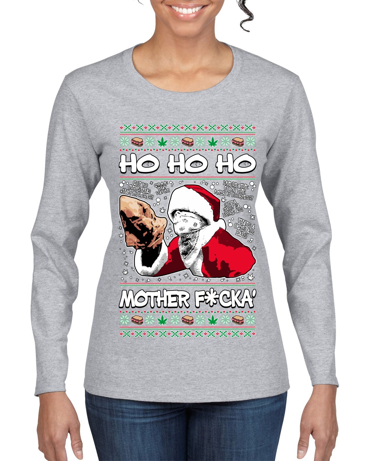 Friday Hood Santa  Ugly Christmas Sweater Womens Graphic Long Sleeve T-Shirt