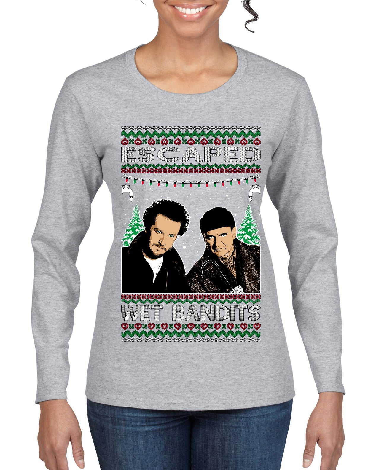 Escaped Bandits Classic Home Holiday Movie Ugly Christmas Sweater Womens Graphic Long Sleeve T-Shirt