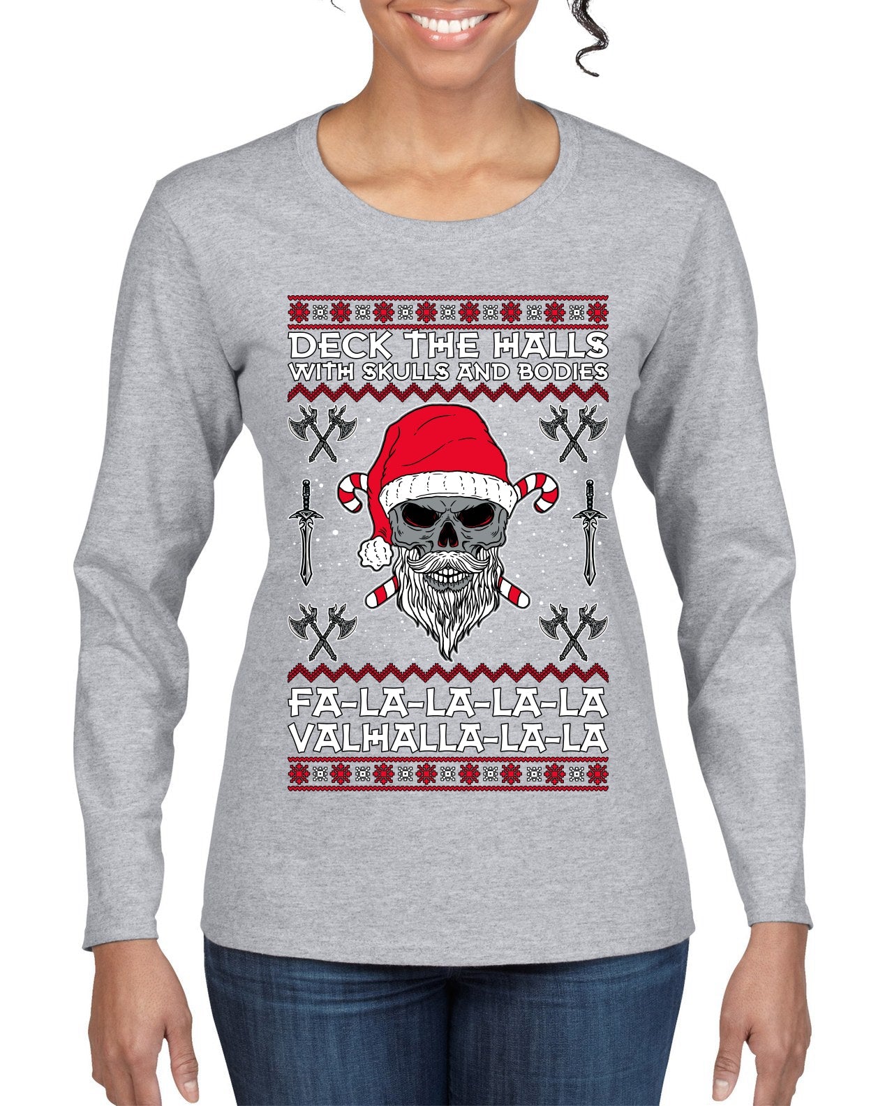 Valhalla Deck The Halls With Skulls & Bodies Ugly Christmas Sweater Womens Graphic Long Sleeve T-Shirt