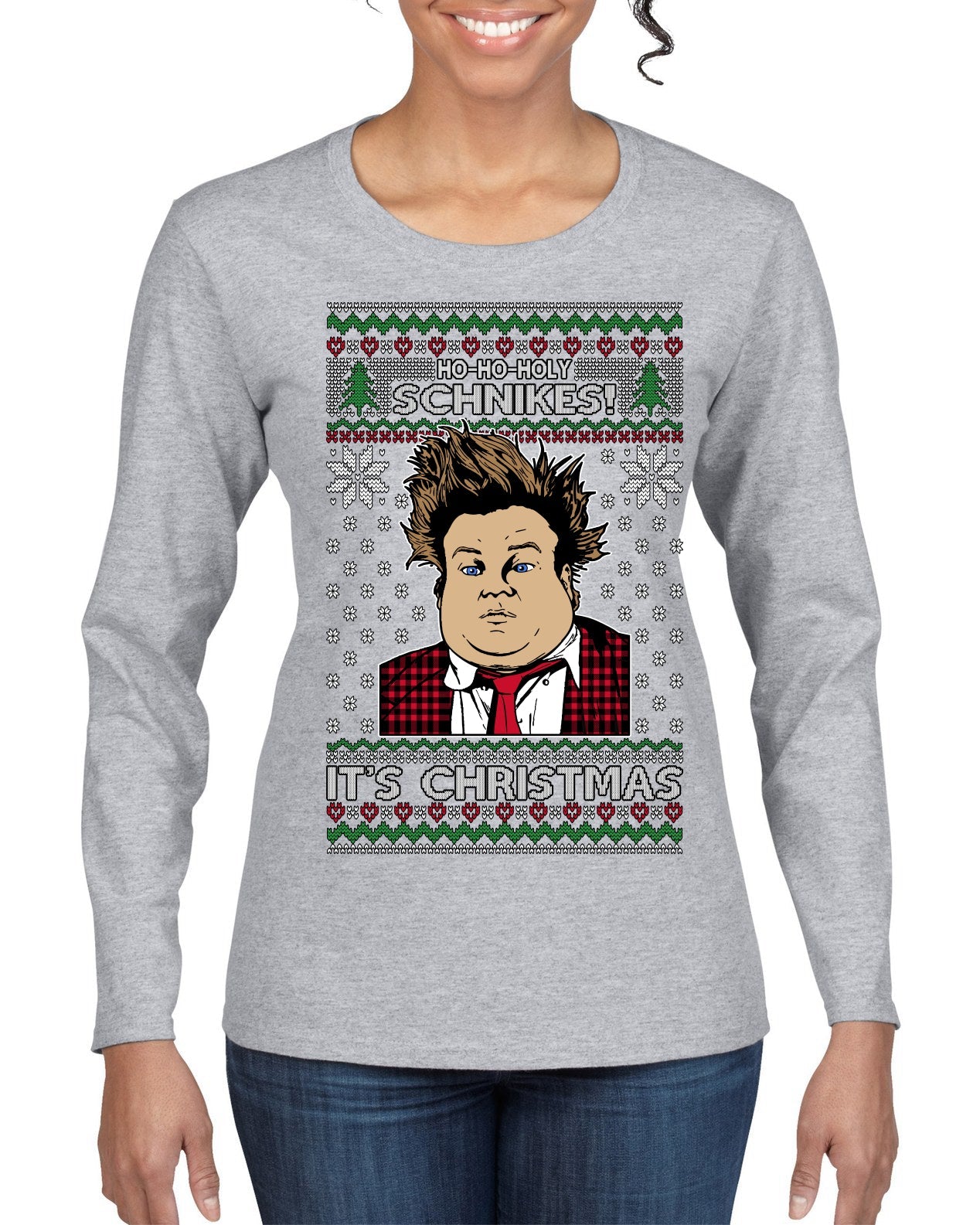 Ho Ho Holy Schnikes Funny 90s Classic Tommy Boy Movie Ugly Christmas Sweater Womens Graphic Long Sleeve T-Shirt
