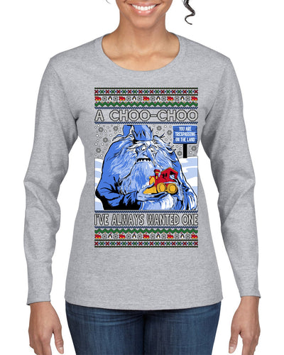 A Choo Choo I've Always Wanted One Winter Warlock Movie Ugly Christmas Sweater Womens Graphic Long Sleeve T-Shirt