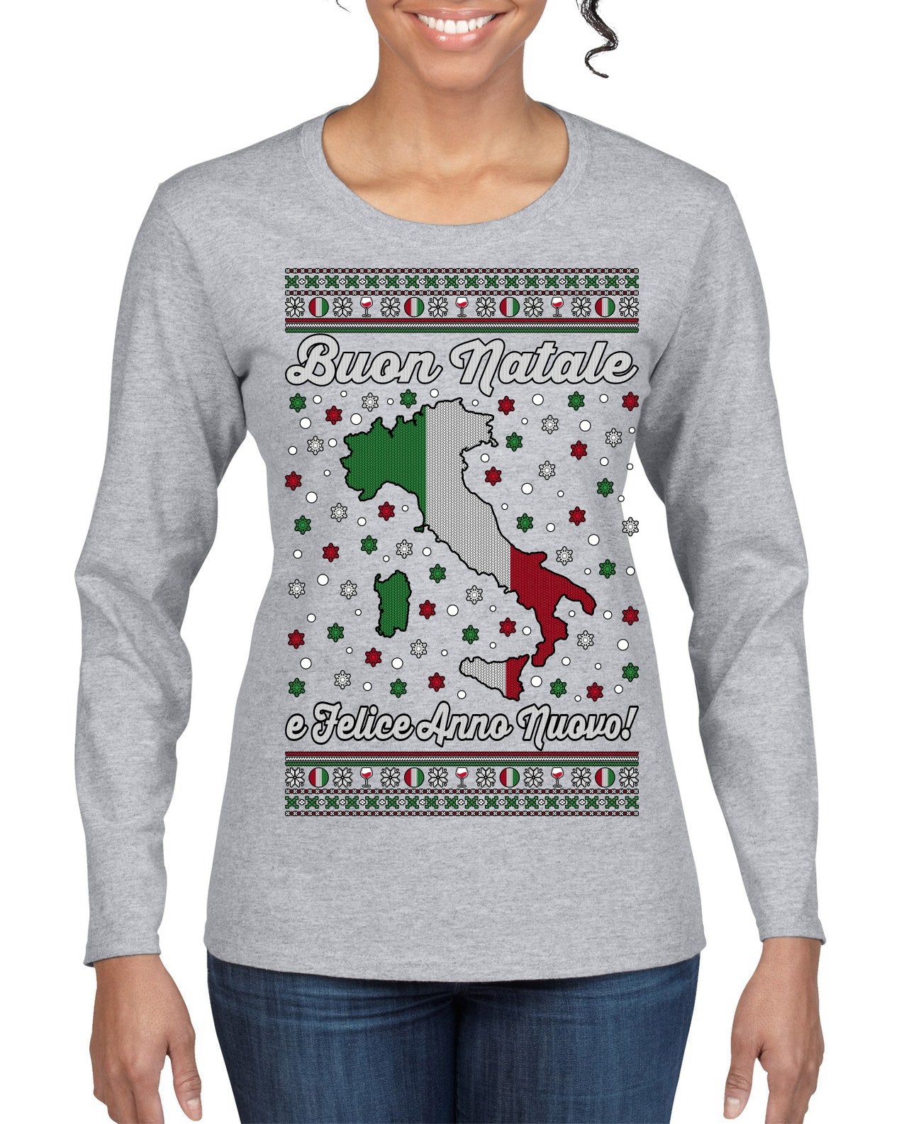 Buon Natale e Felice Anno Nuovo! Merry Christmas and Happy New Year Ugly Christmas Sweater Womens Graphic Long Sleeve T-Shirt