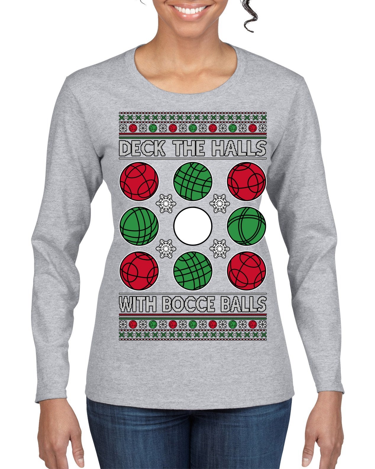 Deck the Halls with Bocce Balls, Funny Classic Italy Italian Sports Ugly Christmas Sweater Womens Graphic Long Sleeve T-Shirt