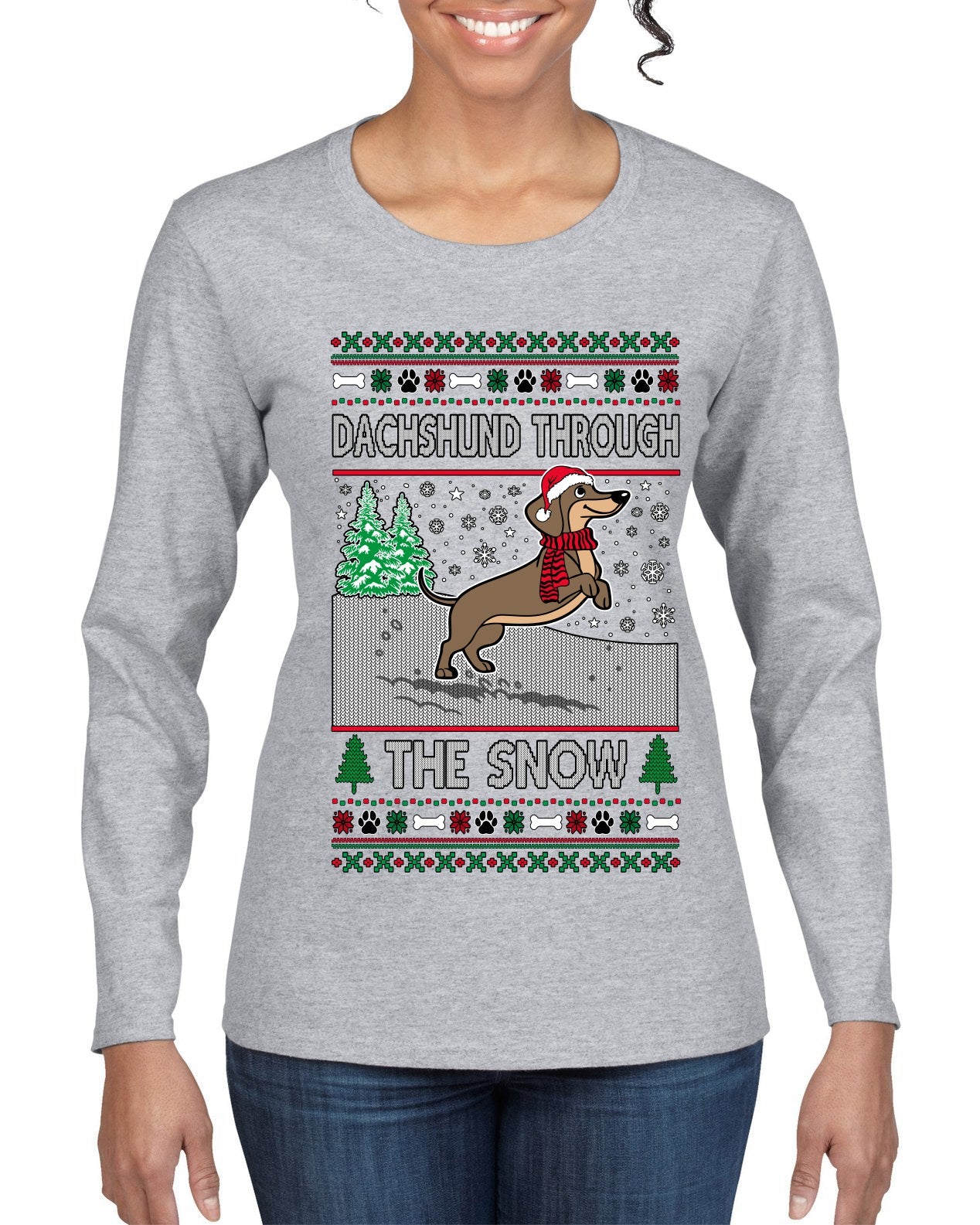 Dachshund Through The Snow, Cute Dog Christmas Sweater, Ugly Christmas Sweater Womens Graphic Long Sleeve T-Shirt