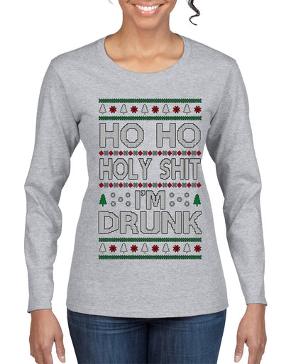 Ho Ho I'm Drunk, Funny Humor Christmas Unisex Sweater, Ugly Christmas Sweater Womens Graphic Long Sleeve T-Shirt