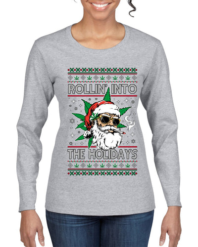 Rollin' Into The Holidays Christmas Sweater, Ugly Christmas Sweater Womens Graphic Long Sleeve T-Shirt
