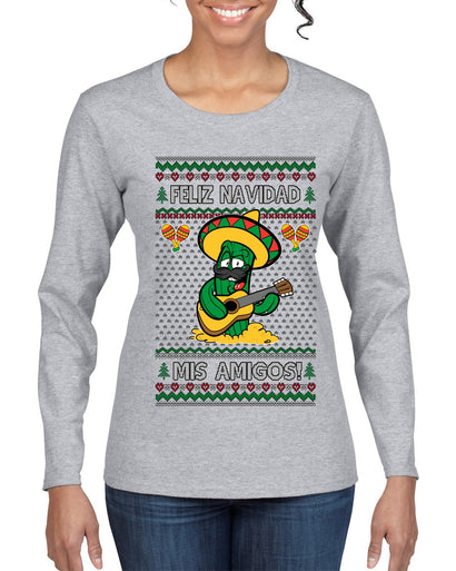Feliz Navidad Mis Amigos!, Ugly Christmas Sweater Womens Graphic Long Sleeve T-Shirt