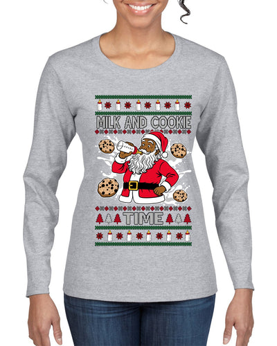 Milk And Cookie Time Christmas Sweater, Ugly Christmas Sweater Womens Graphic Long Sleeve T-Shirt