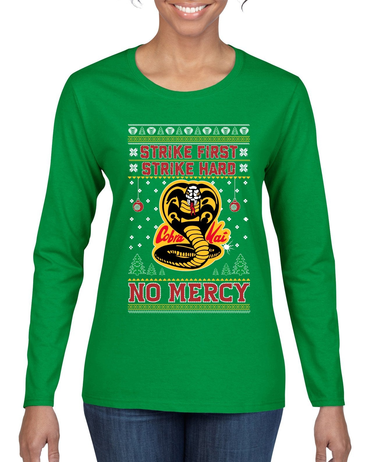 Strike First Strike Hard No Mercy Xmas Ugly Christmas Sweater Womens Graphic Long Sleeve T-Shirt