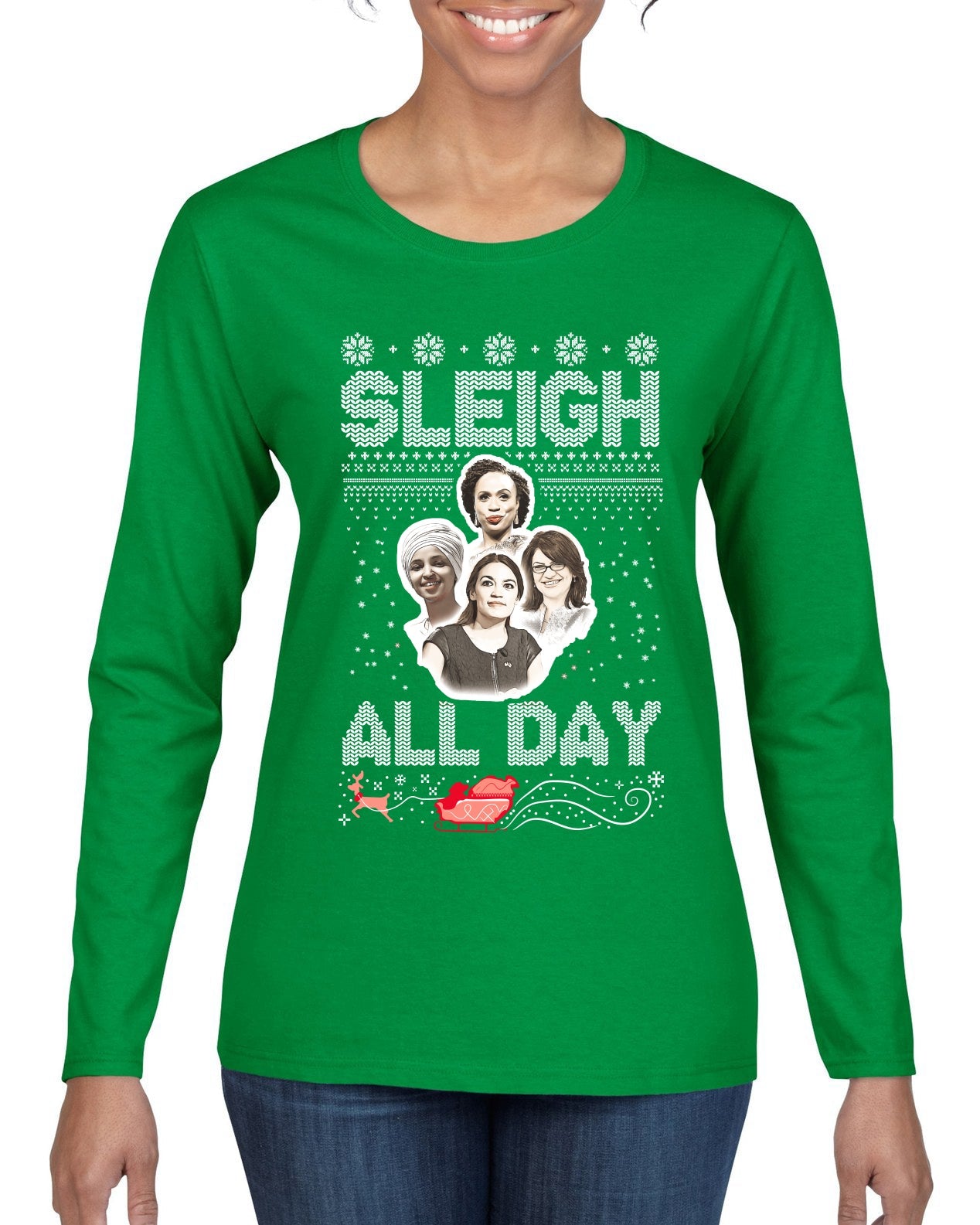 AOC The Squad Congresswomen Sleigh All Day Xmas Ugly Christmas Sweater Womens Graphic Long Sleeve T-Shirt