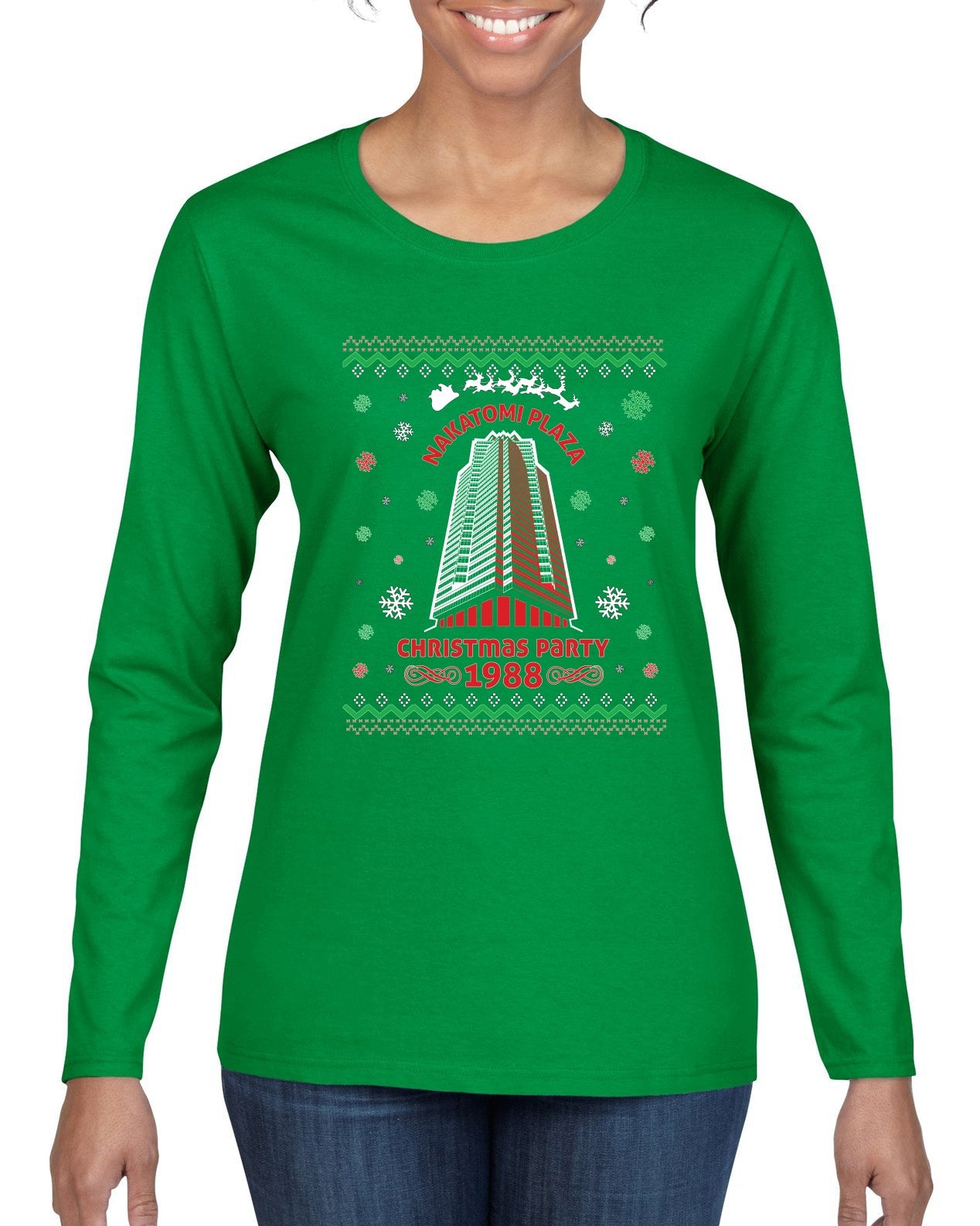 Nakatomi Plaza Christmas Party 1988 Ugly Christmas Sweater Womens Graphic Long Sleeve T-Shirt