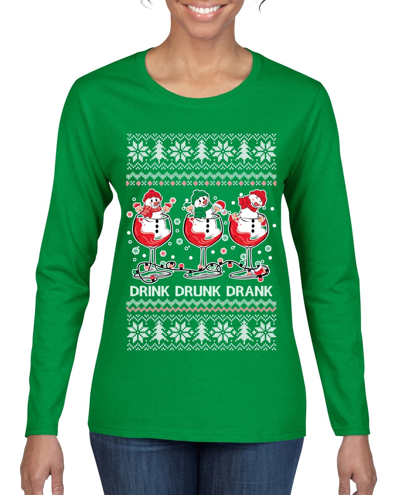 Holiday Spirits Drink Drank Drunk Snowmen Ugly Christmas Sweater Womens Graphic Long Sleeve T-Shirt