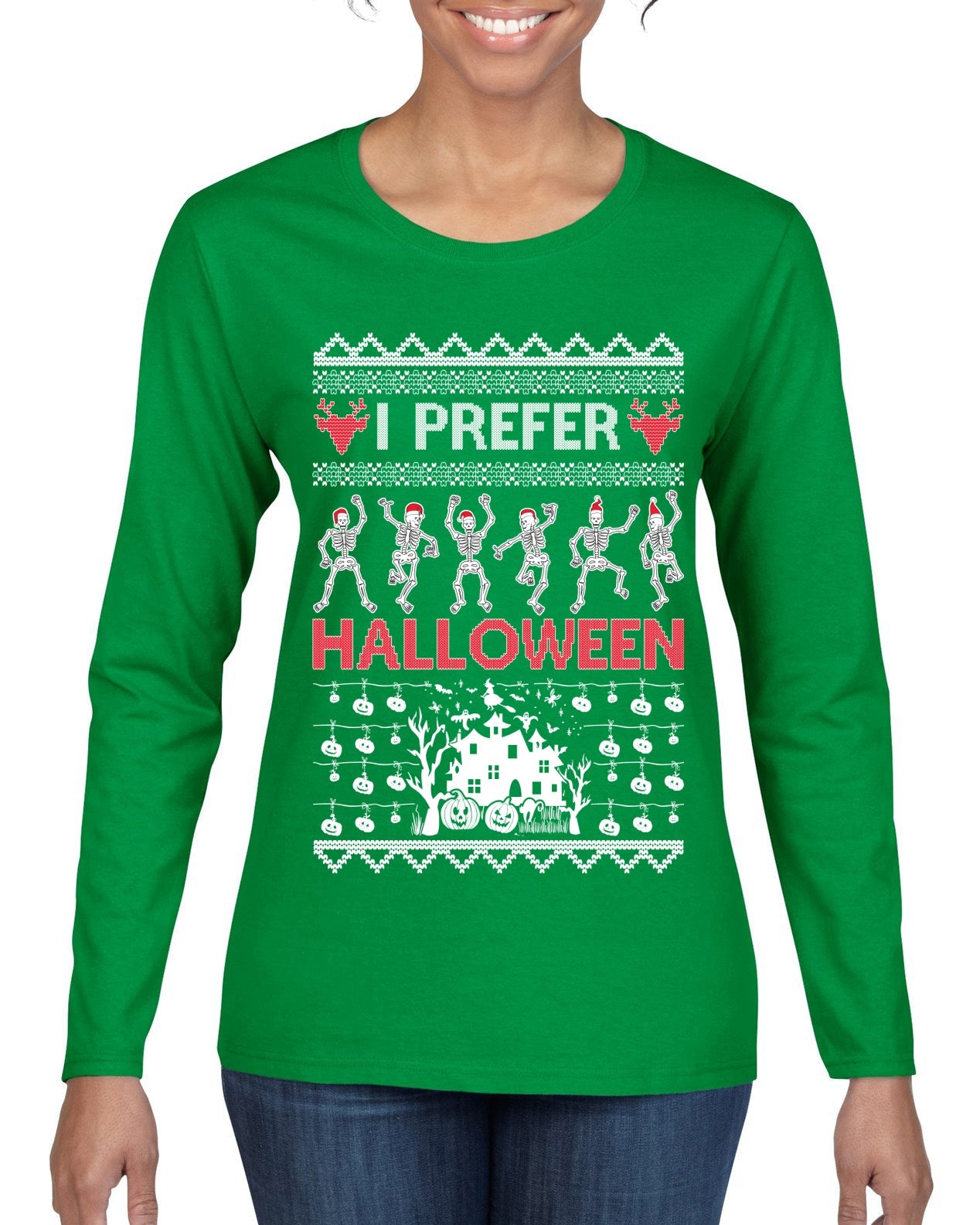 I Prefer Halloween Dancing Skeletons Ugly Christmas Sweater Womens Graphic Long Sleeve T-Shirt