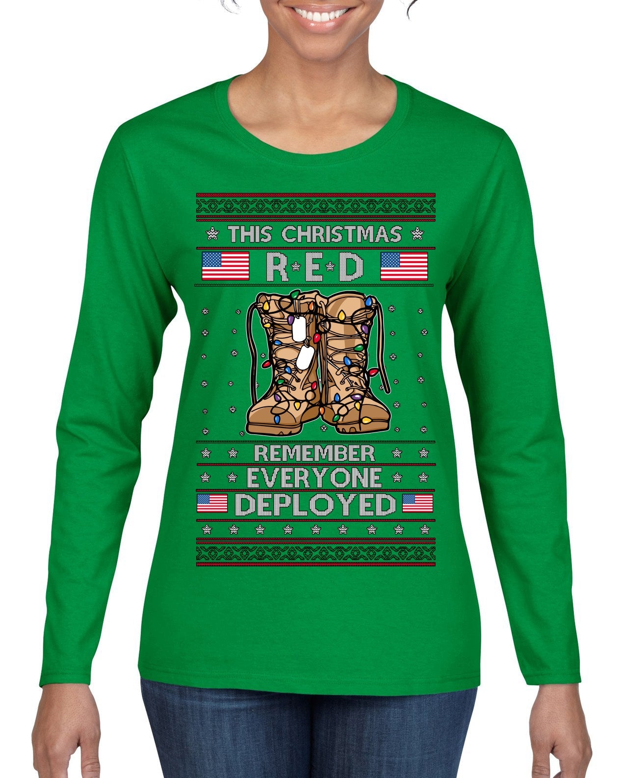 This Christmas RED Remember Everyone Deployed Veteran Ugly Christmas Sweater Womens Graphic Long Sleeve T-Shirt