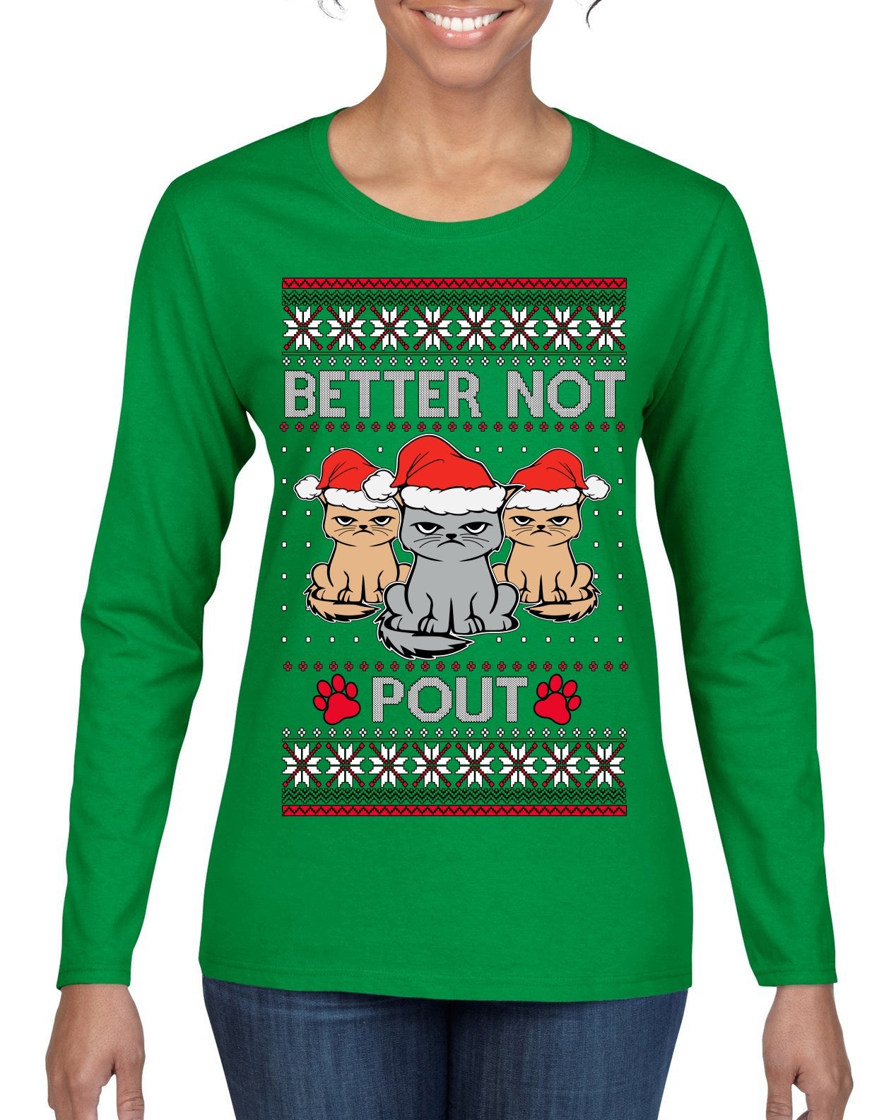 Better Not Pout, Cute Sad Santa Cats | Funny Ugly Christmas Sweater Womens Graphic Long Sleeve T-Shirt