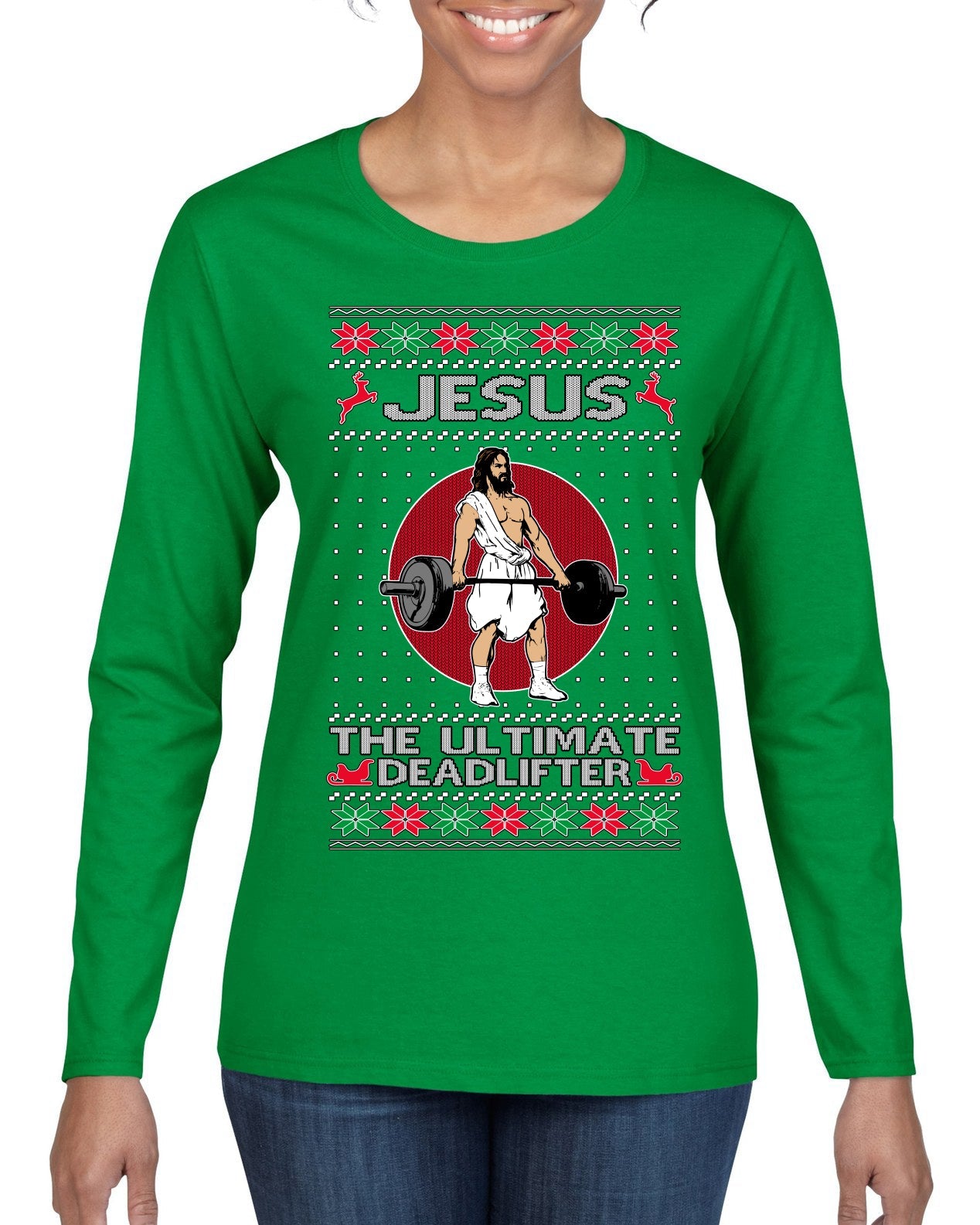 Jesus the Ultimate Deadlifter Funny Ugly Christmas Sweater Womens Graphic Long Sleeve T-Shirt