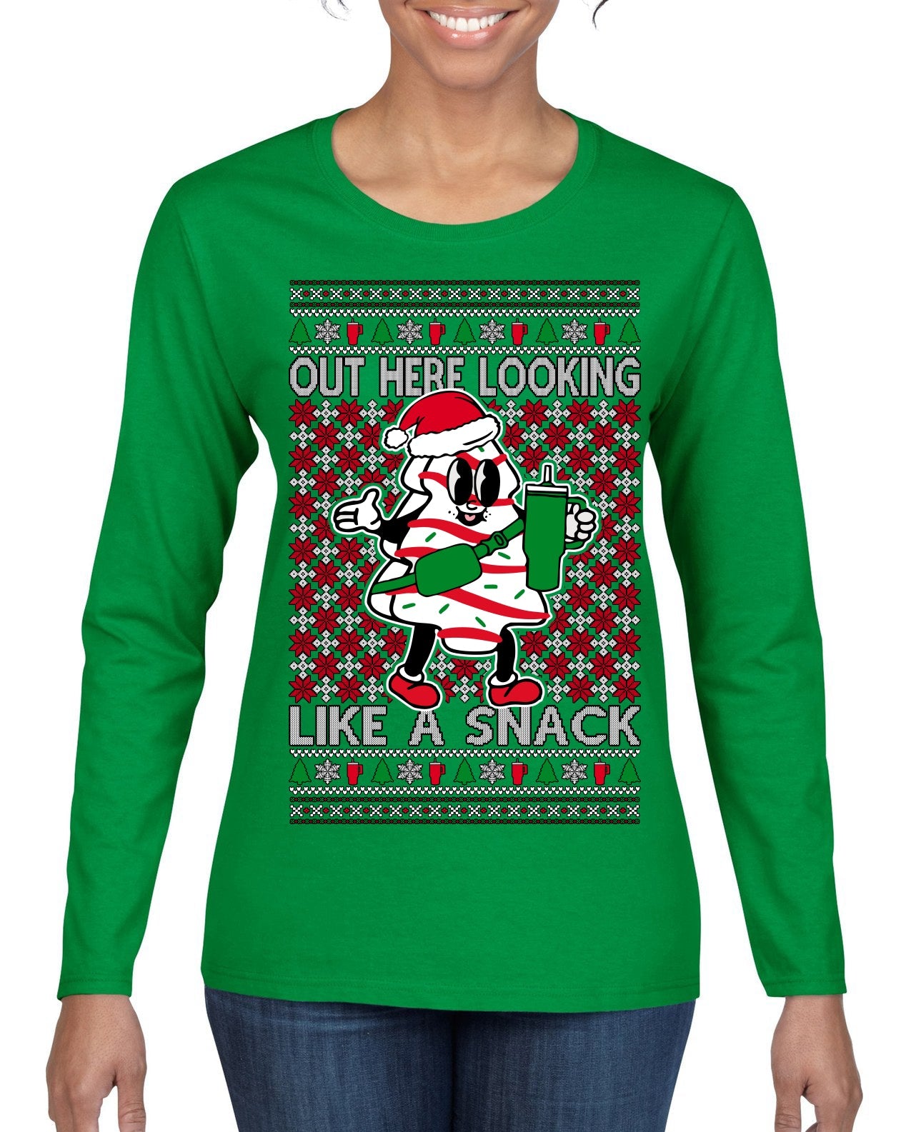 Out Here Looking Like a Snack Funny Cute Christmas Cookie Ugly Christmas Sweater Womens Graphic Long Sleeve T-Shirt