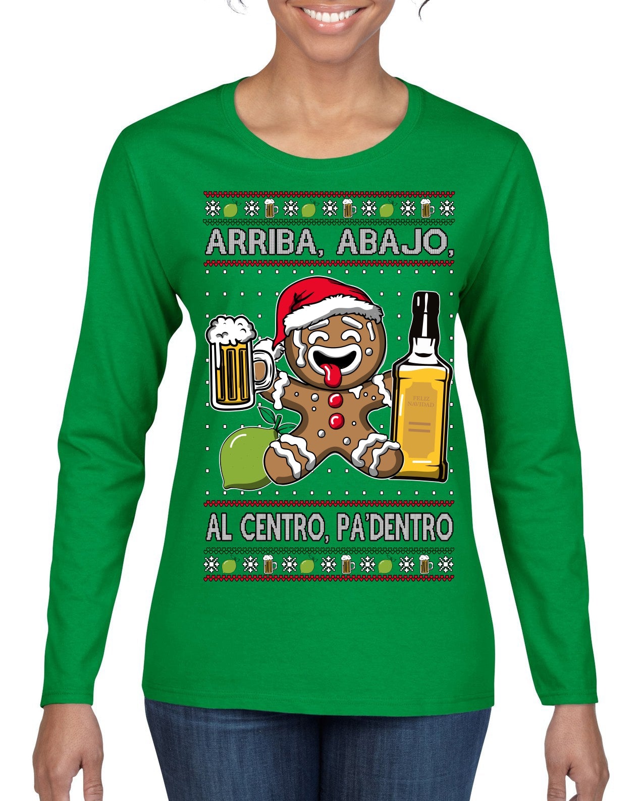 Arriba Abajo Al Centro Pa'Dentro Cheers to Health Salud Ugly Christmas Sweater Womens Graphic Long Sleeve T-Shirt