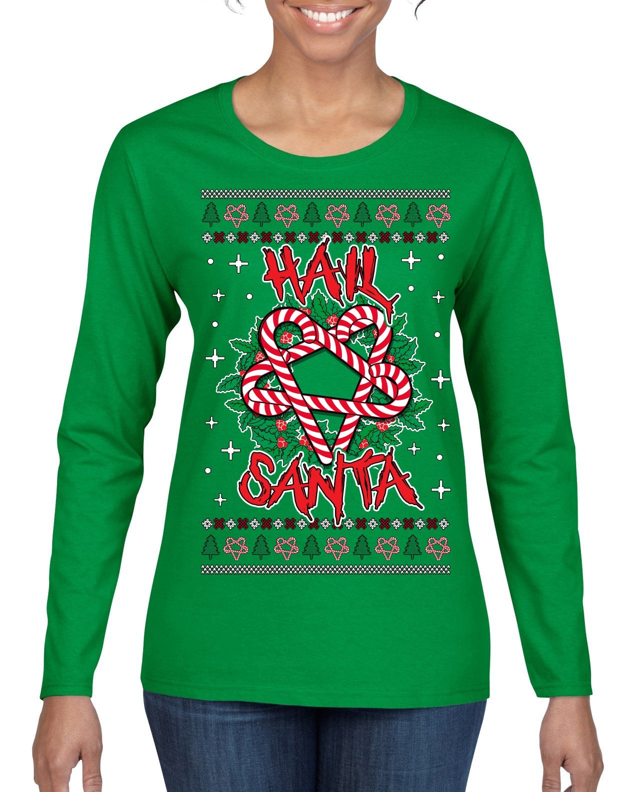 Hail Santa Funny Satanic Candy Devil Heavy Metal Satan Ugly Christmas Sweater Womens Graphic Long Sleeve T-Shirt