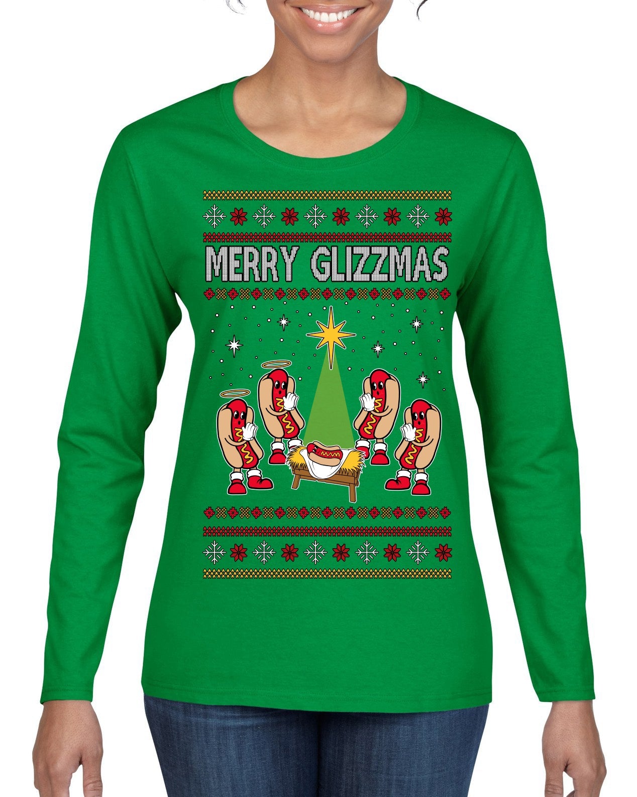 Merry Glizzmas, Funny Glizzy Hot Dog Baby Jesus Catholic Nativity, Fast Food Mustard Condiment Glizzys Humor Ugly Christmas Sweater Womens Graphic Long Sleeve T-Shirt
