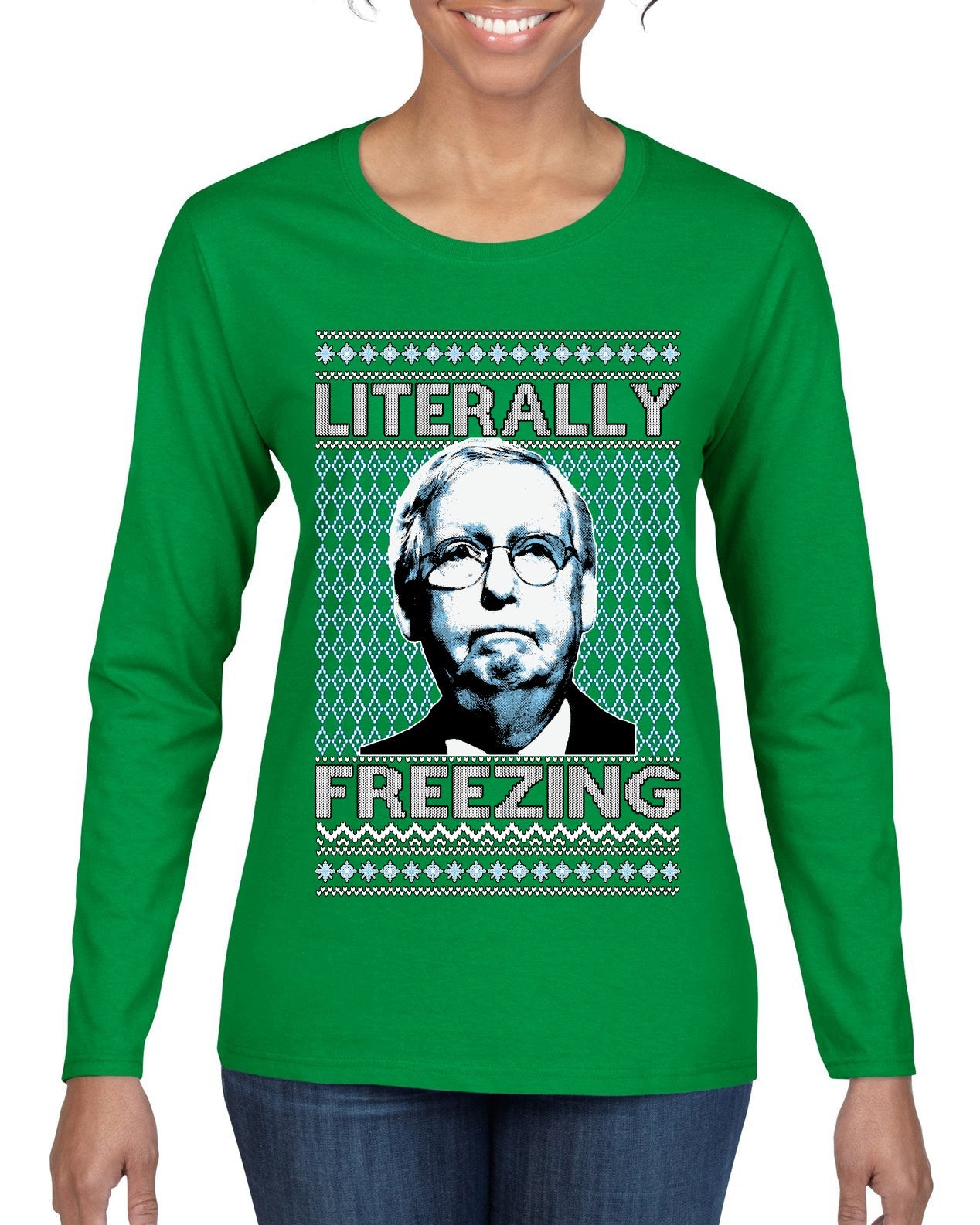 Literally Freezing McConnell Senator  Ugly Christmas Sweater Womens Graphic Long Sleeve T-Shirt