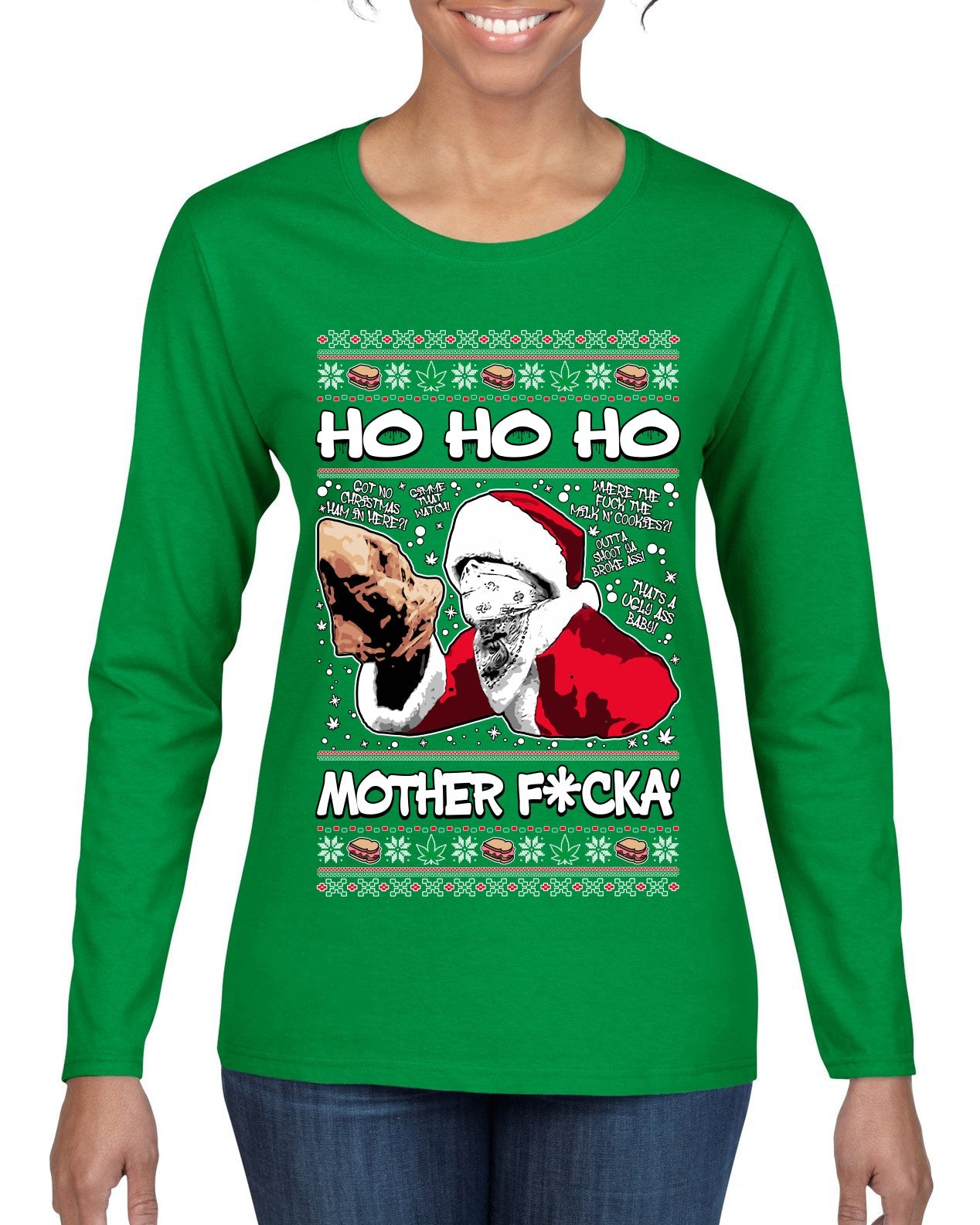 Friday Hood Santa  Ugly Christmas Sweater Womens Graphic Long Sleeve T-Shirt