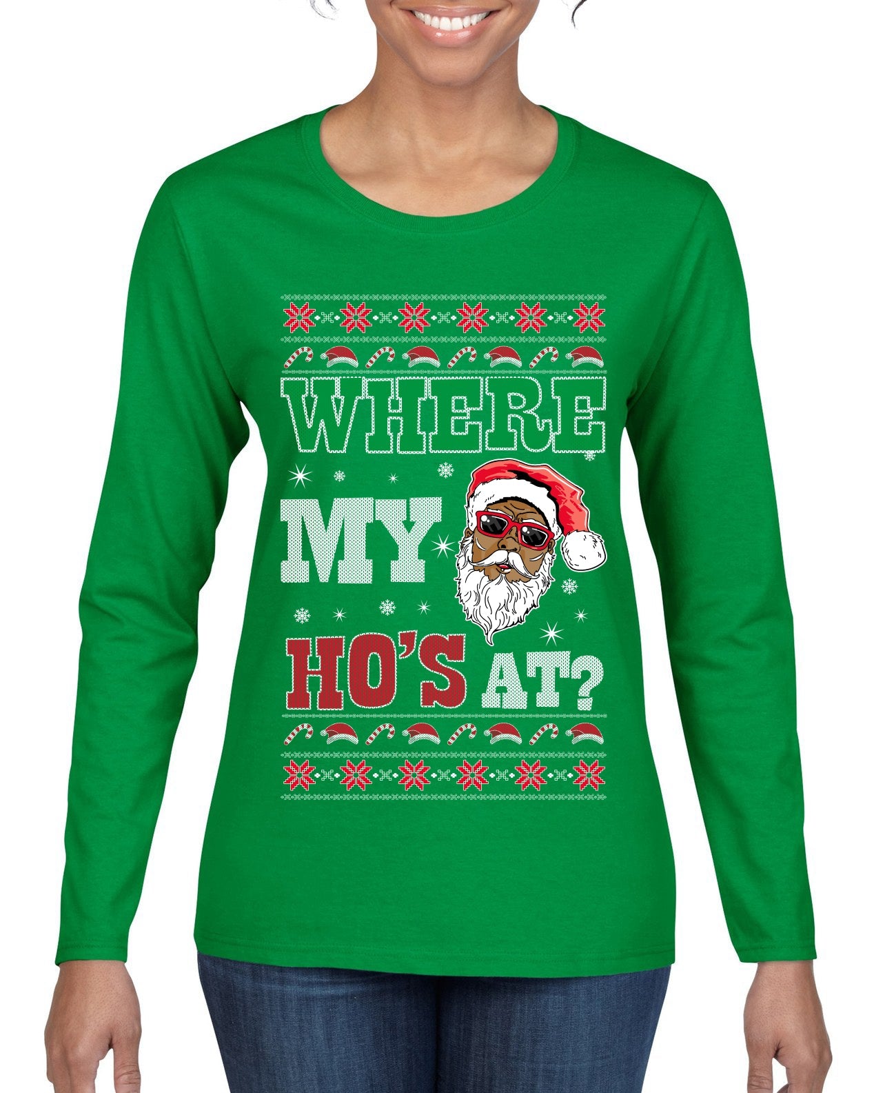 Where My Ho's At? Ugly Christmas Sweater Womens Graphic Long Sleeve T-Shirt
