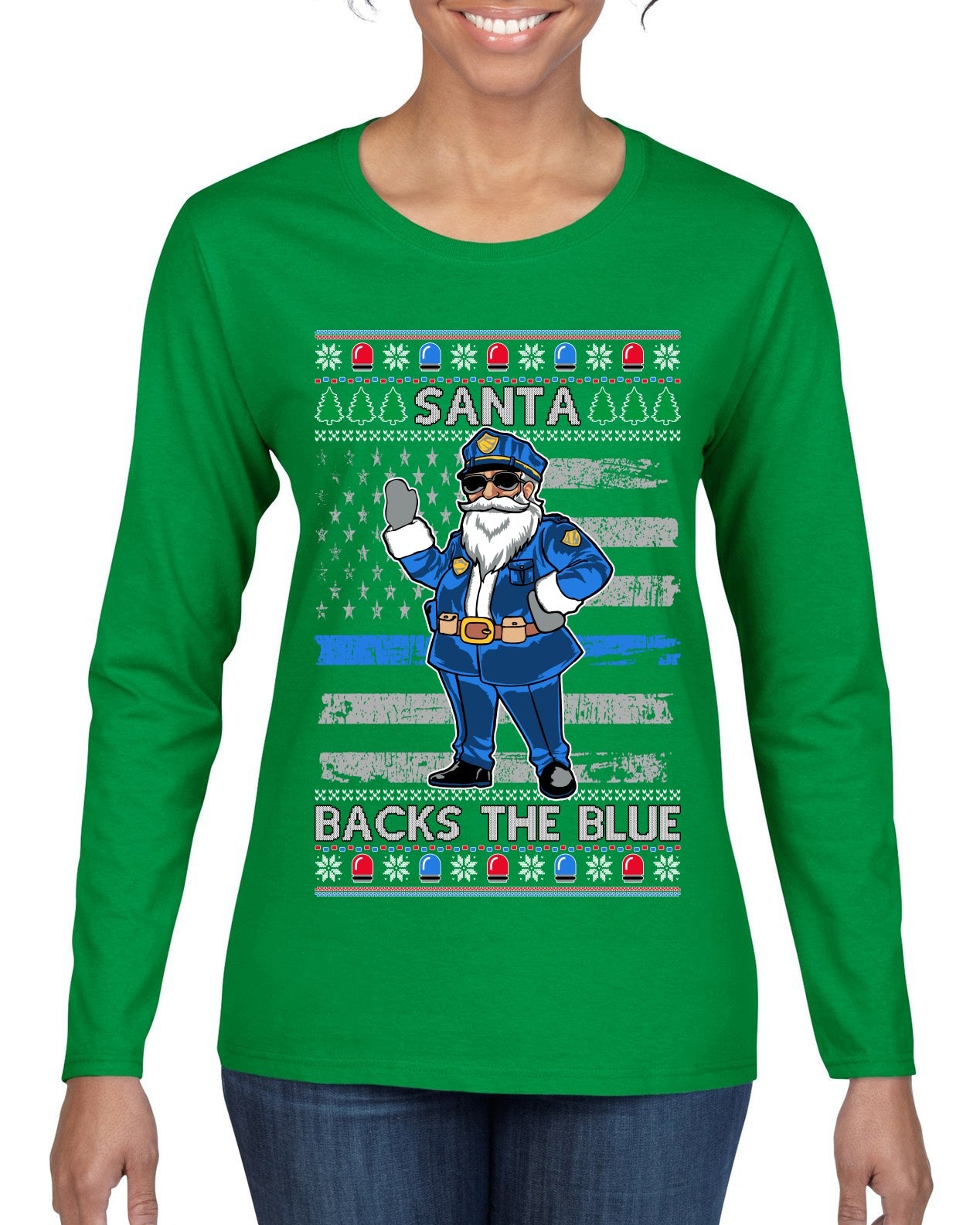 Santa Backs The Blue Pro Police Santa Claus Ugly Christmas Sweater Womens Graphic Long Sleeve T-Shirt