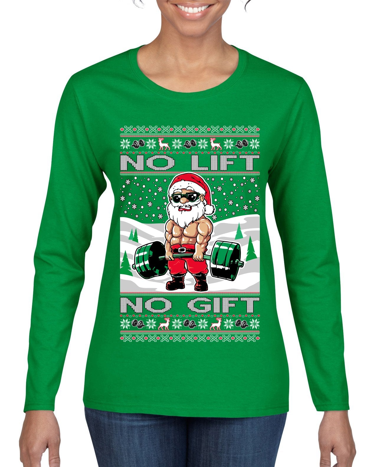 No Lift No Gift Fitness Workout Santa Ugly Christmas Sweater Womens Graphic Long Sleeve T-Shirt