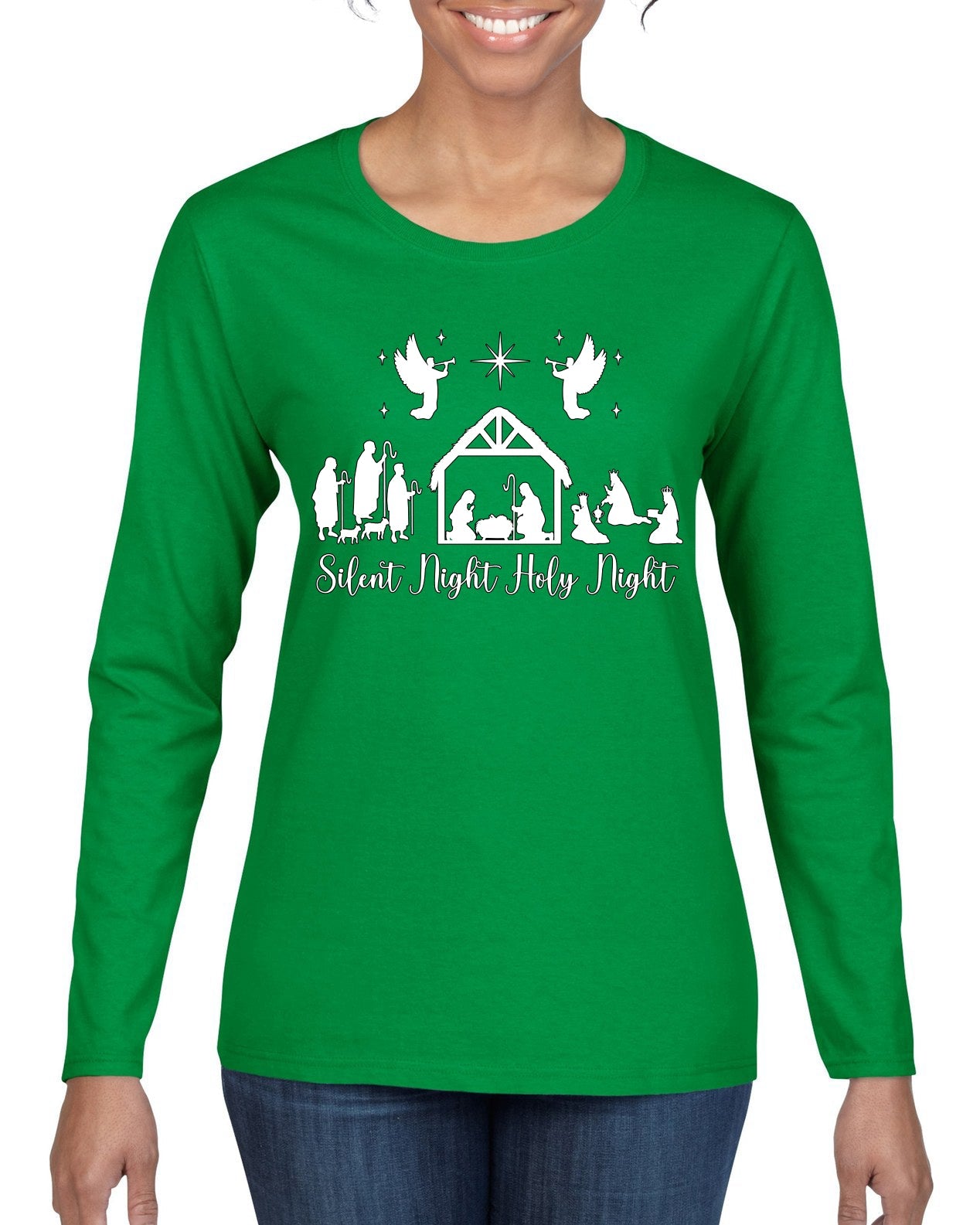 Silent Night Holy Night Religious Jesus Christmas Womens Graphic Long Sleeve T-Shirt