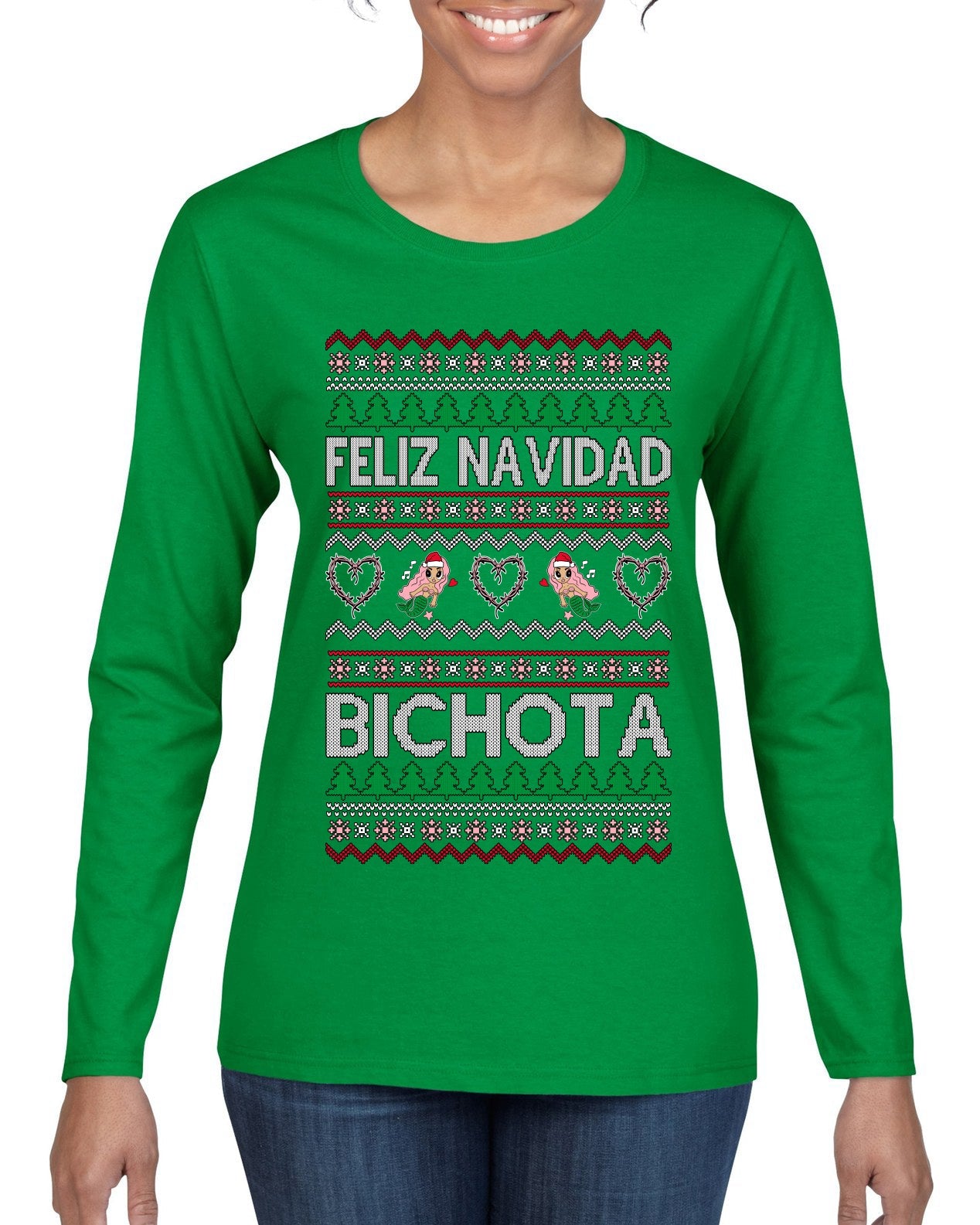 Feliz Navidad Bichota Ugly Christmas Sweater Womens Graphic Long Sleeve T-Shirt