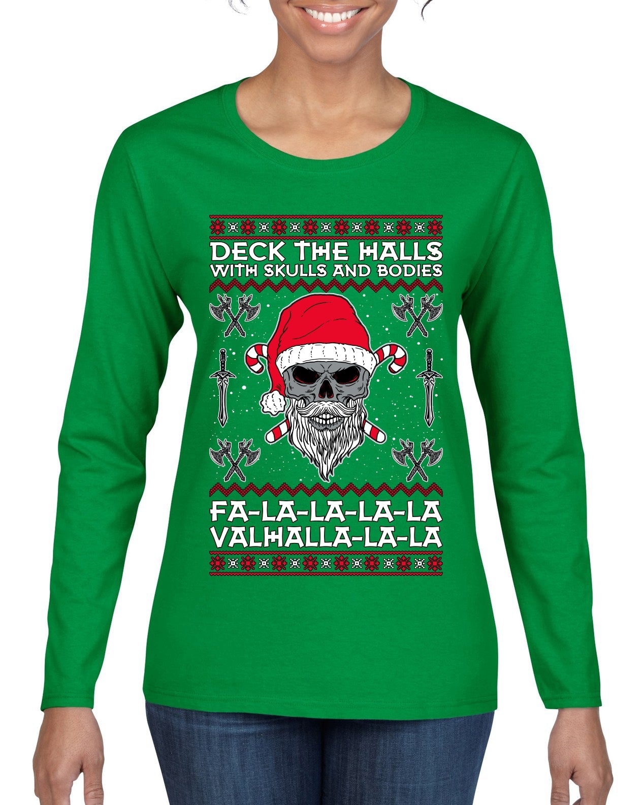 Valhalla Deck The Halls With Skulls & Bodies Ugly Christmas Sweater Womens Graphic Long Sleeve T-Shirt