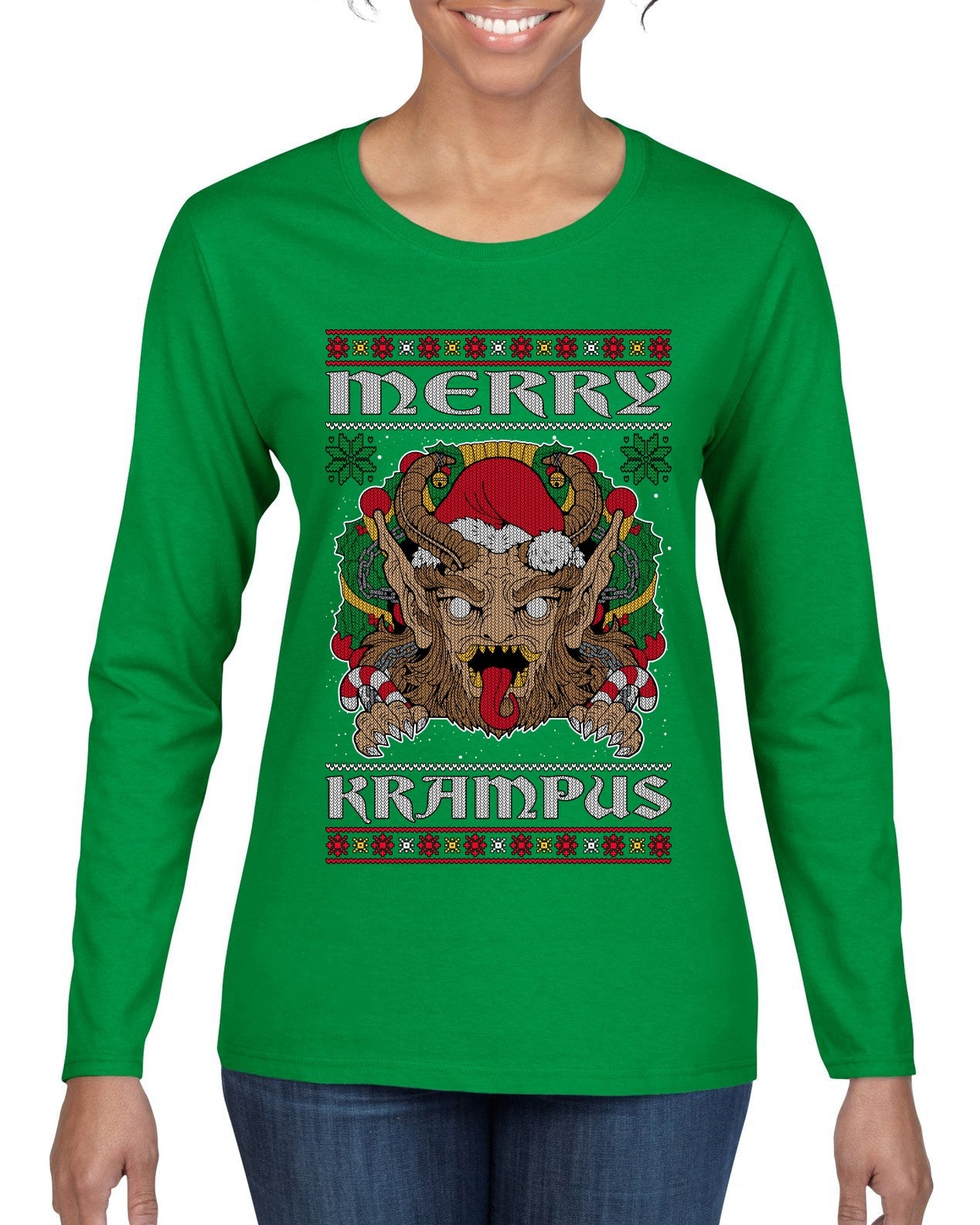 Merry Krampus Santa Folklore Figure Horror Ugly Christmas Sweater Womens Graphic Long Sleeve T-Shirt