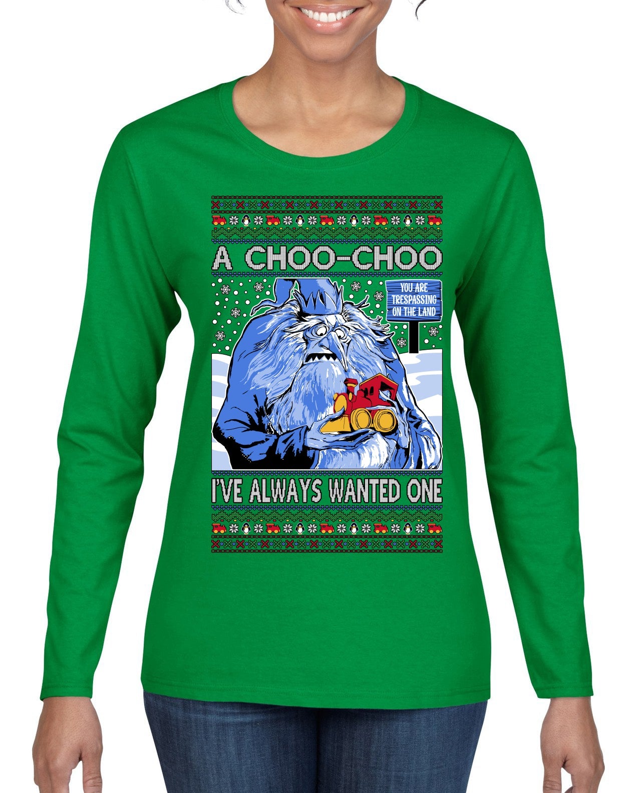A Choo Choo I've Always Wanted One Winter Warlock Movie Ugly Christmas Sweater Womens Graphic Long Sleeve T-Shirt