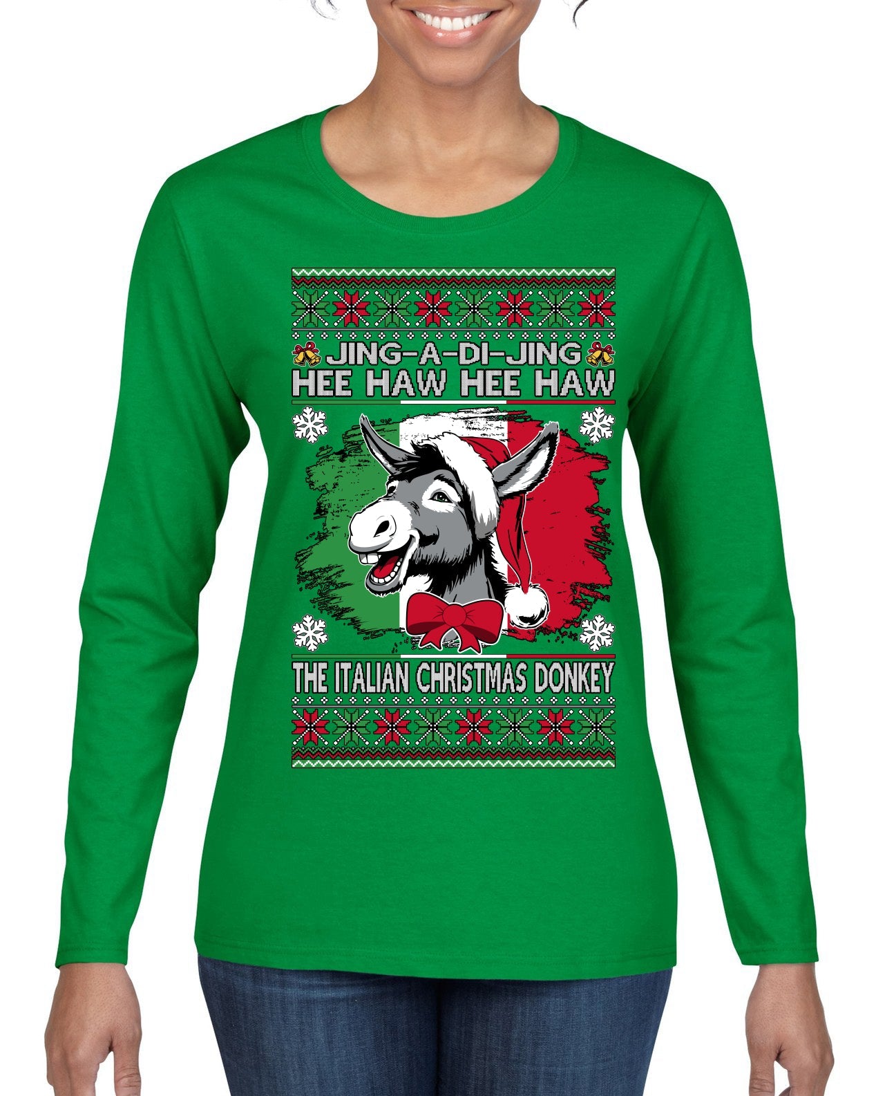 Jing a Di Jing Dominick the Italian Christmas Donkey Ugly Christmas Sweater Womens Graphic Long Sleeve T-Shirt