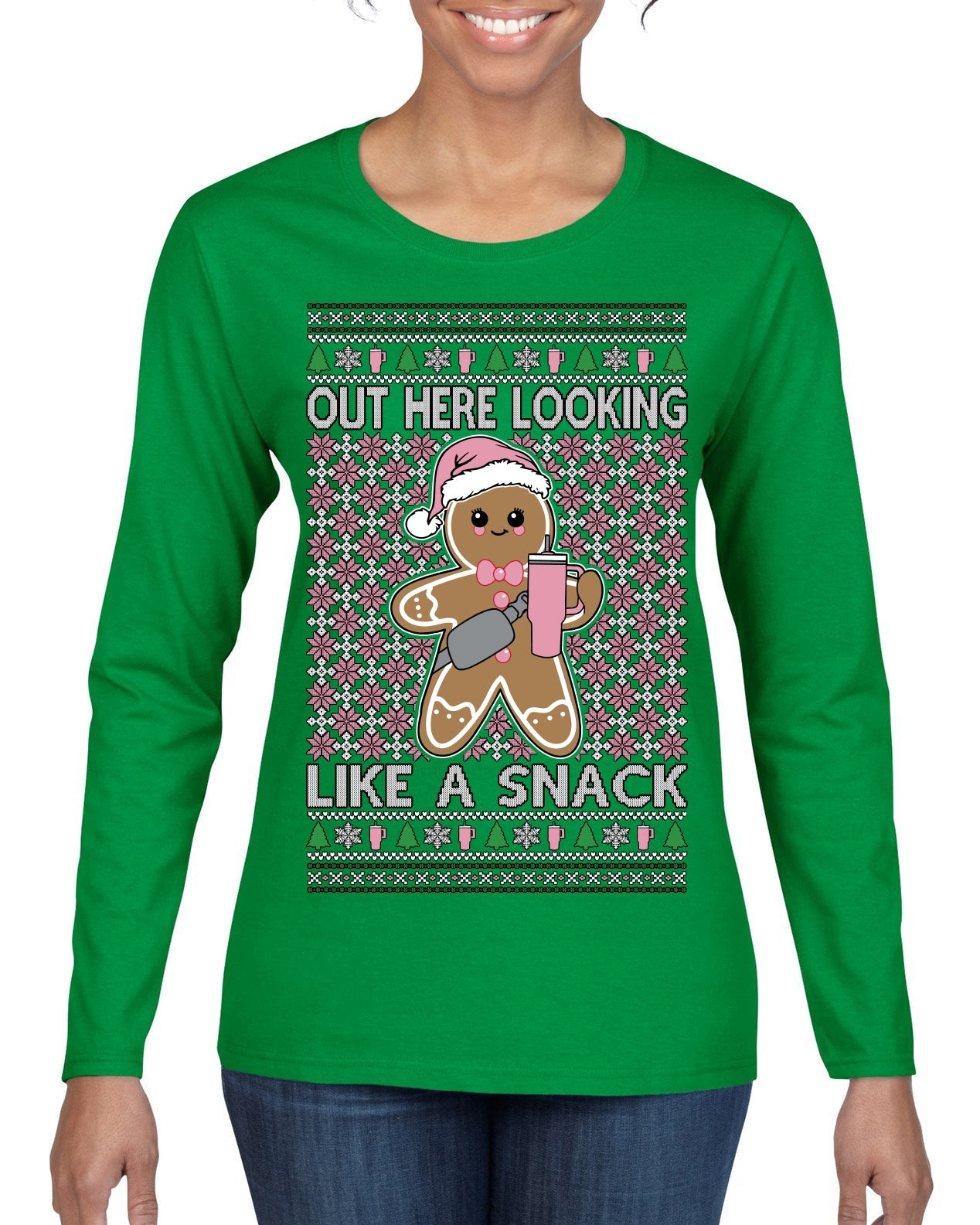 Out Here Looking Like a Snack Cute Xmas Cookie Ugly Christmas Sweater Womens Graphic Long Sleeve T-Shirt