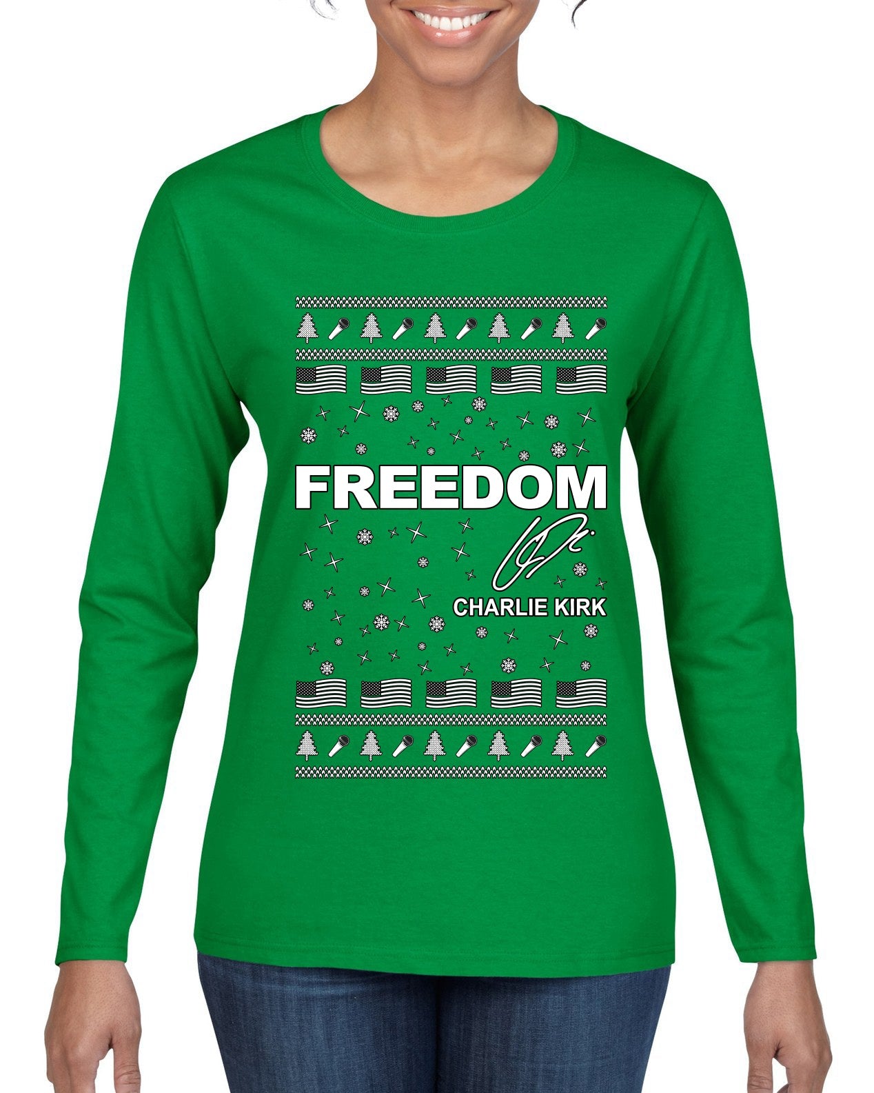 Freedom, Charlie Kirk Political Activist, Right Wing, Ugly Christmas Sweater Womens Graphic Long Sleeve T-Shirt