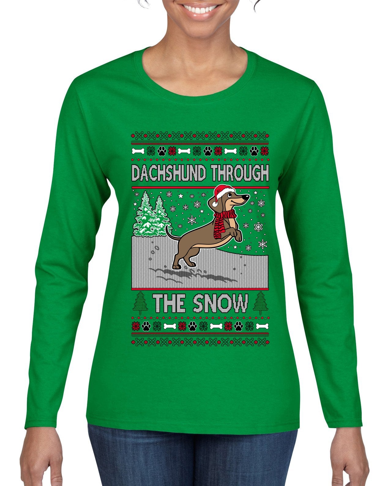 Dachshund Through The Snow, Cute Dog Christmas Sweater, Ugly Christmas Sweater Womens Graphic Long Sleeve T-Shirt