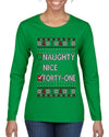 Funny Meme List Naughty, Nice, 41, Ugly Christmas Sweater Womens Graphic Long Sleeve T-Shirt