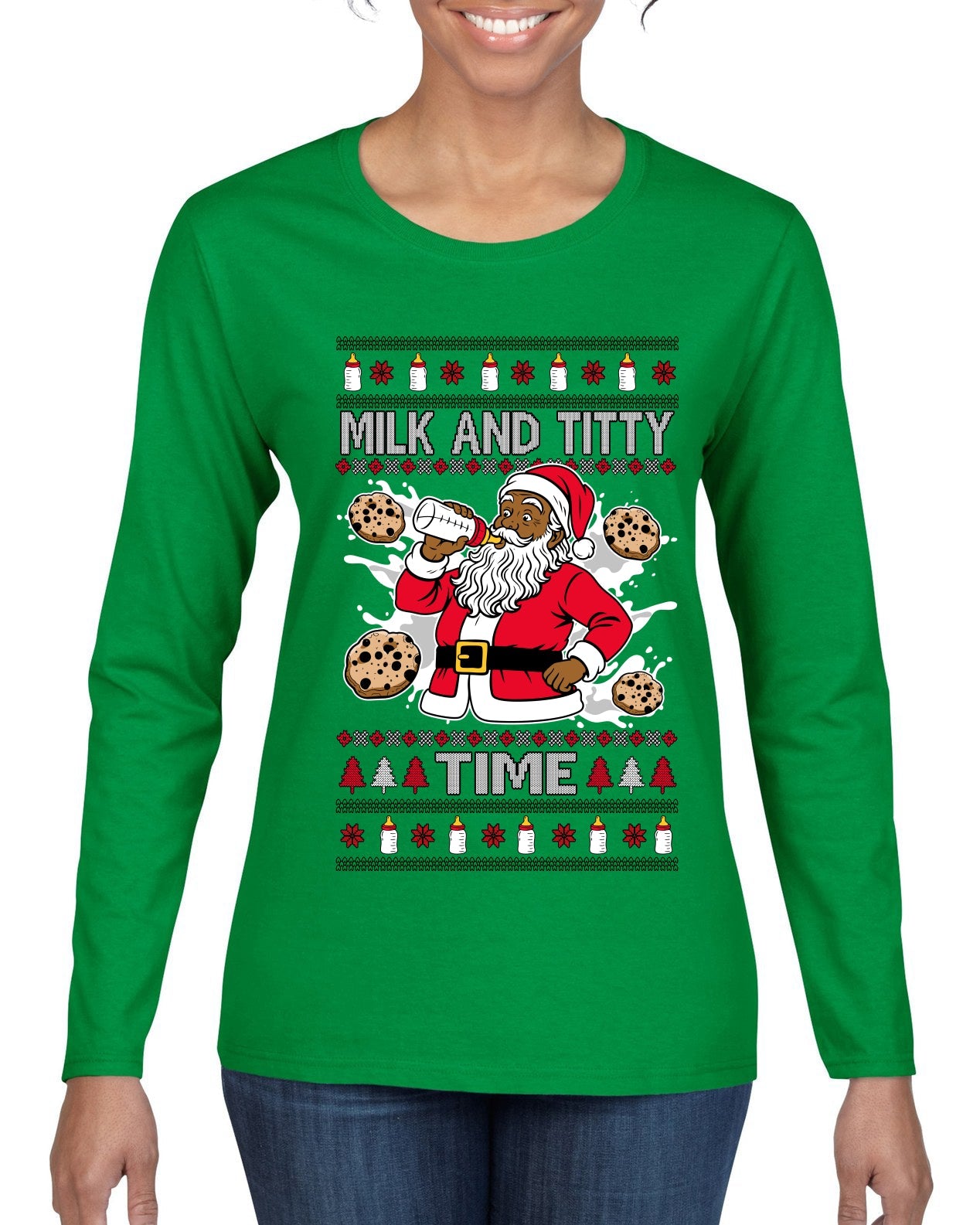 Milk And Titty Time Christmas Sweater, Ugly Christmas Sweater Womens Graphic Long Sleeve T-Shirt