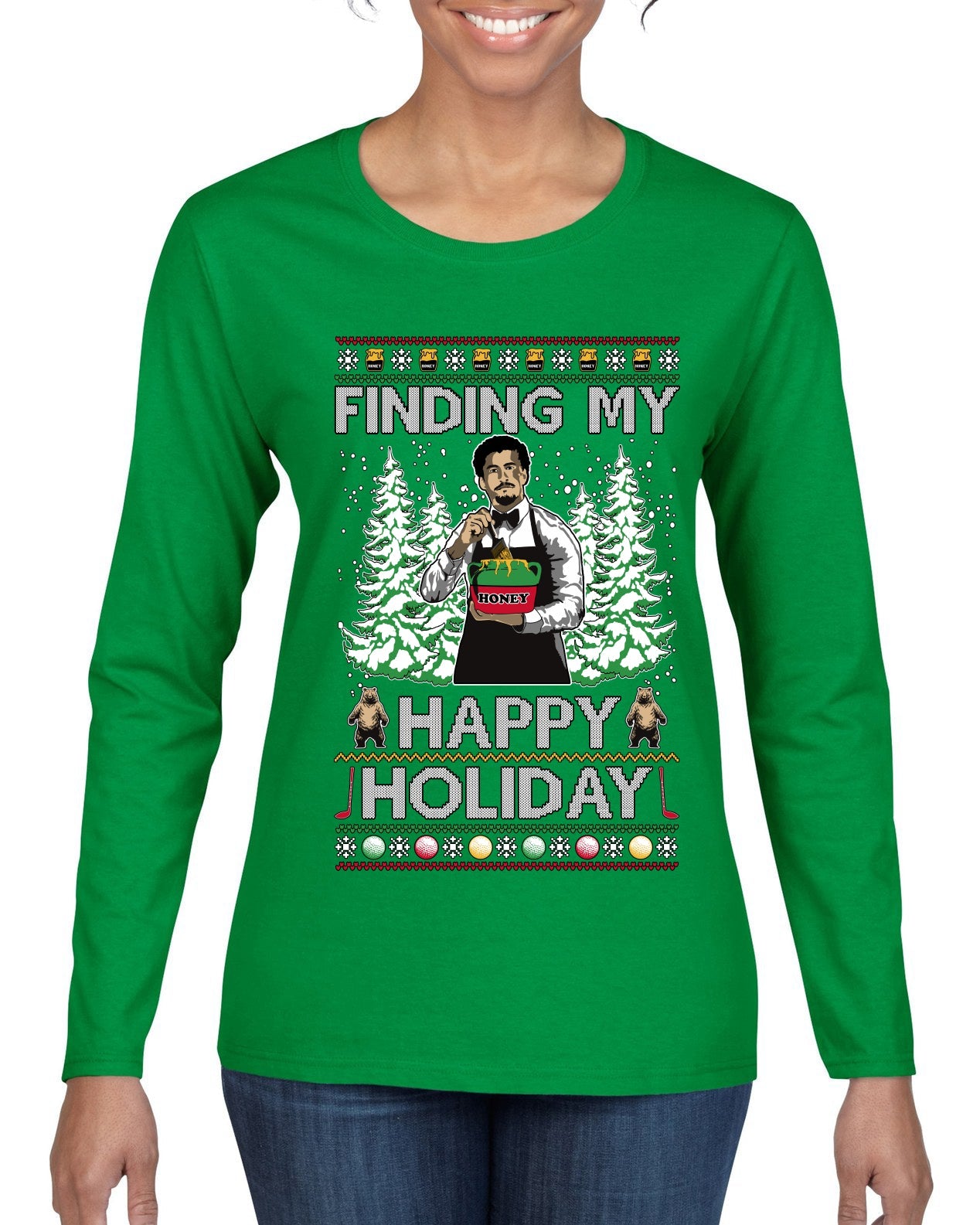 Finding My Happy Holiday, Ugly Christmas Sweater Womens Graphic Long Sleeve T-Shirt