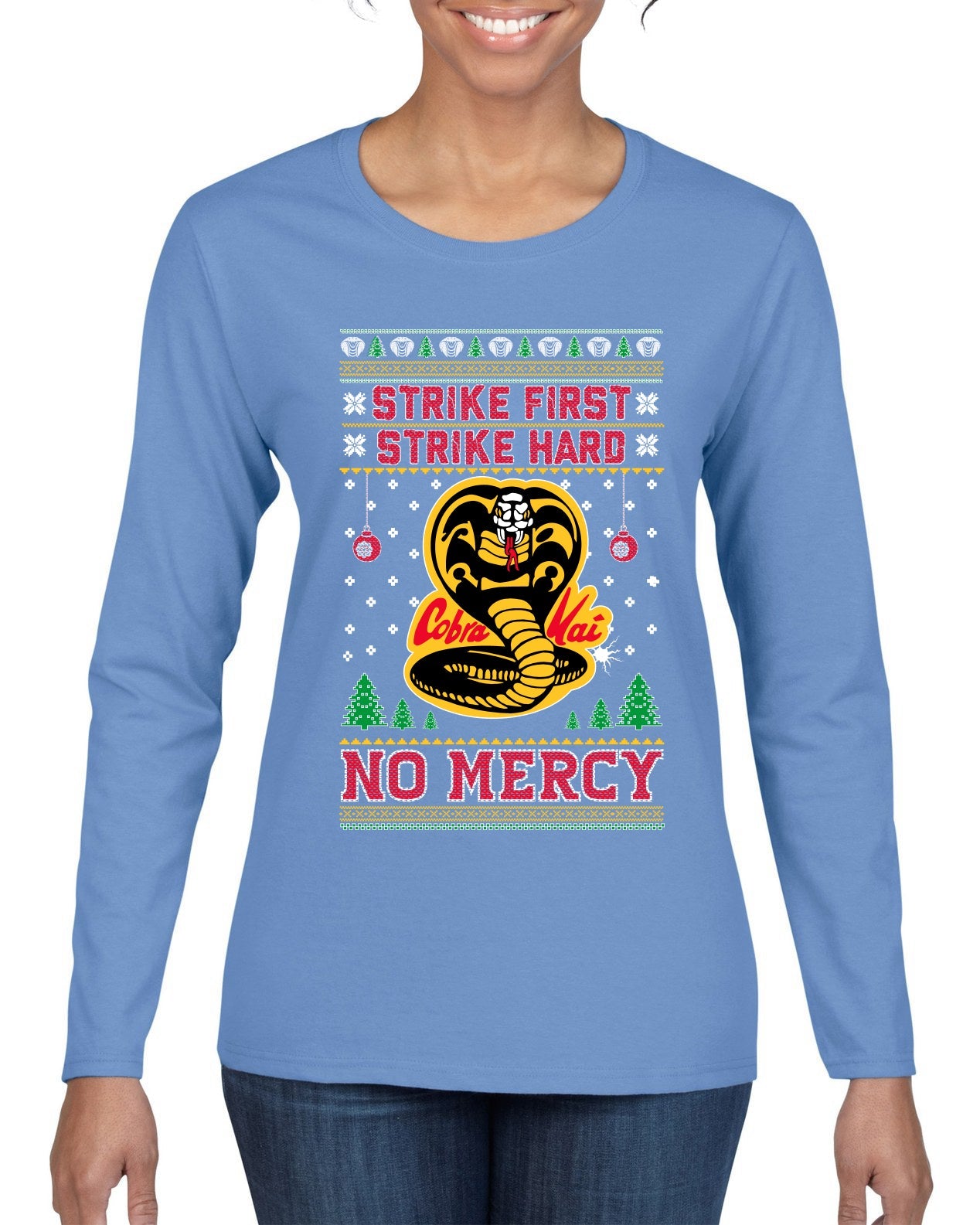 Strike First Strike Hard No Mercy Xmas Ugly Christmas Sweater Womens Graphic Long Sleeve T-Shirt