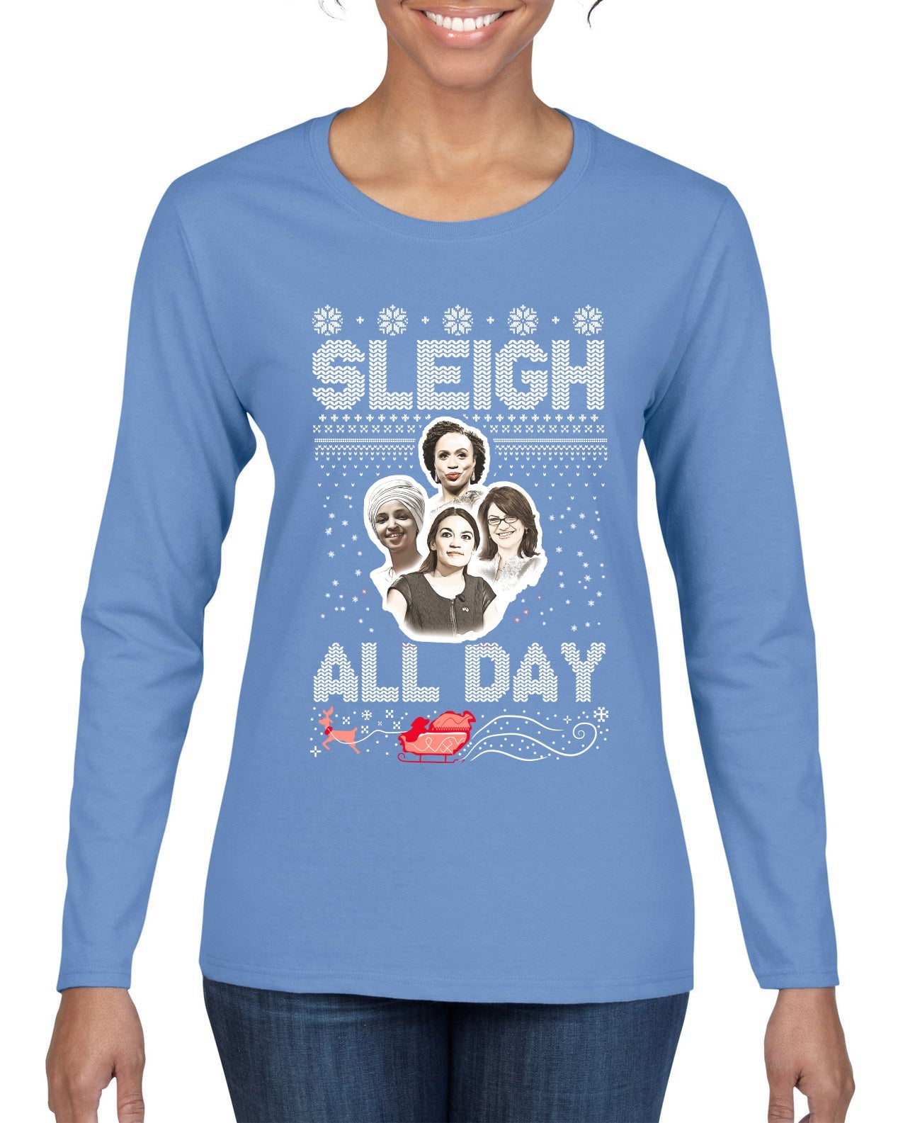 AOC The Squad Congresswomen Sleigh All Day Xmas Ugly Christmas Sweater Womens Graphic Long Sleeve T-Shirt