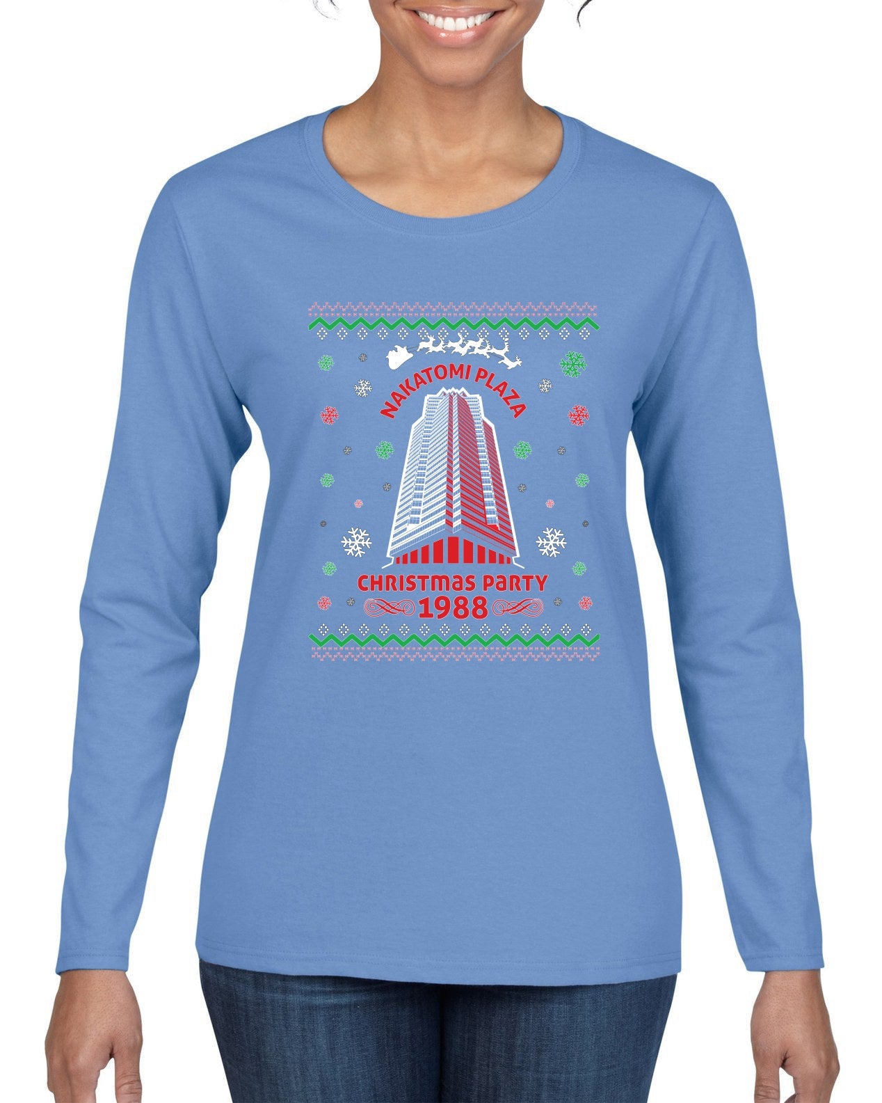 Nakatomi Plaza Christmas Party 1988 Ugly Christmas Sweater Womens Graphic Long Sleeve T-Shirt