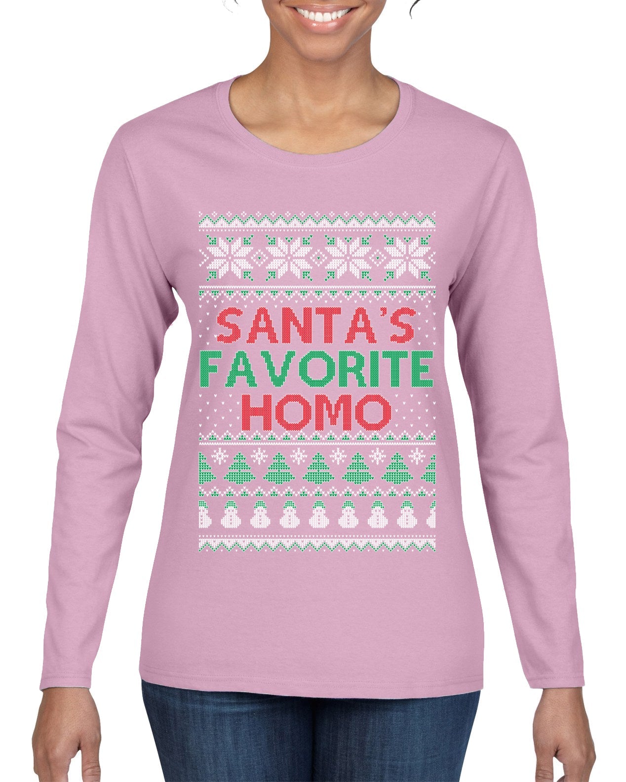 Santa's Favorite Homo Ugly Christmas Sweater Womens Graphic Long Sleeve T-Shirt
