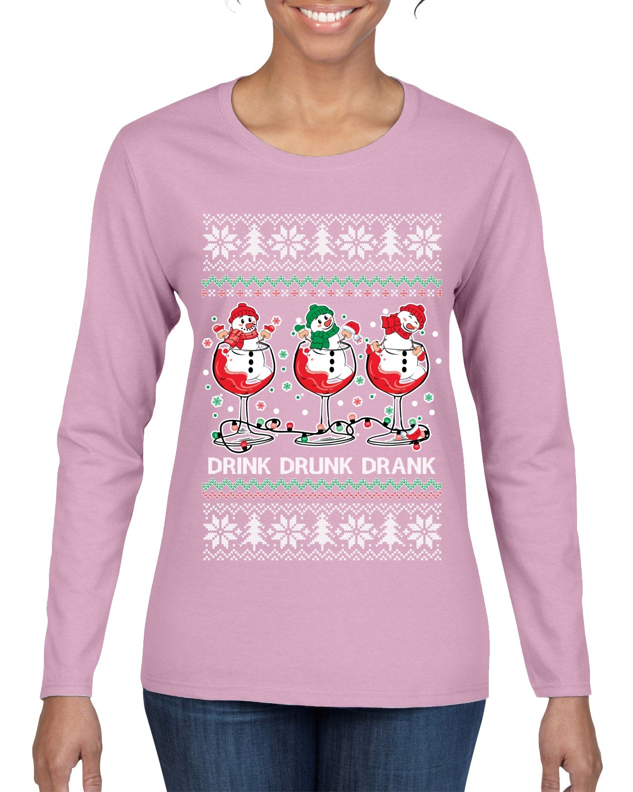 Holiday Spirits Drink Drank Drunk Snowmen Ugly Christmas Sweater Womens Graphic Long Sleeve T-Shirt
