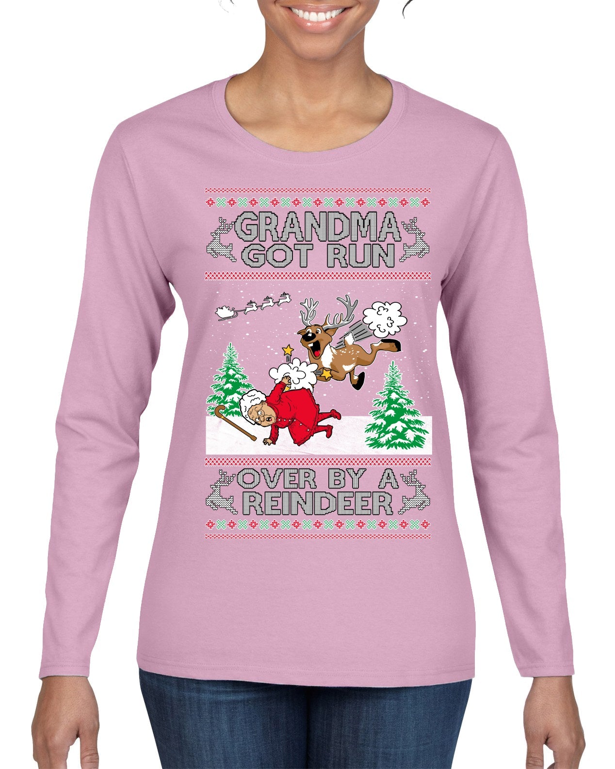Grandma Got Run Over by a Reindeer, Funny Animated Design Rein Deer Kids TV Song Movie Ugly Christmas Sweater Womens Graphic Long Sleeve T-Shirt
